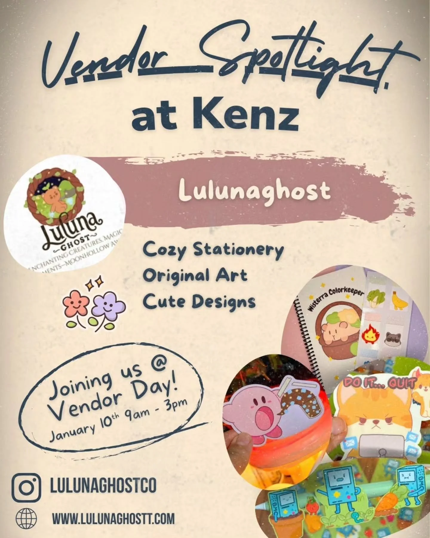Vendor spotlight: @lulunaghostco 👻✨

LulunaGhost creates cute, cozy stationery featuring original characters from a whimsical world called Wisterra, along with fan art inspired by anime and video games. From stickers to coloring books and notebooks,