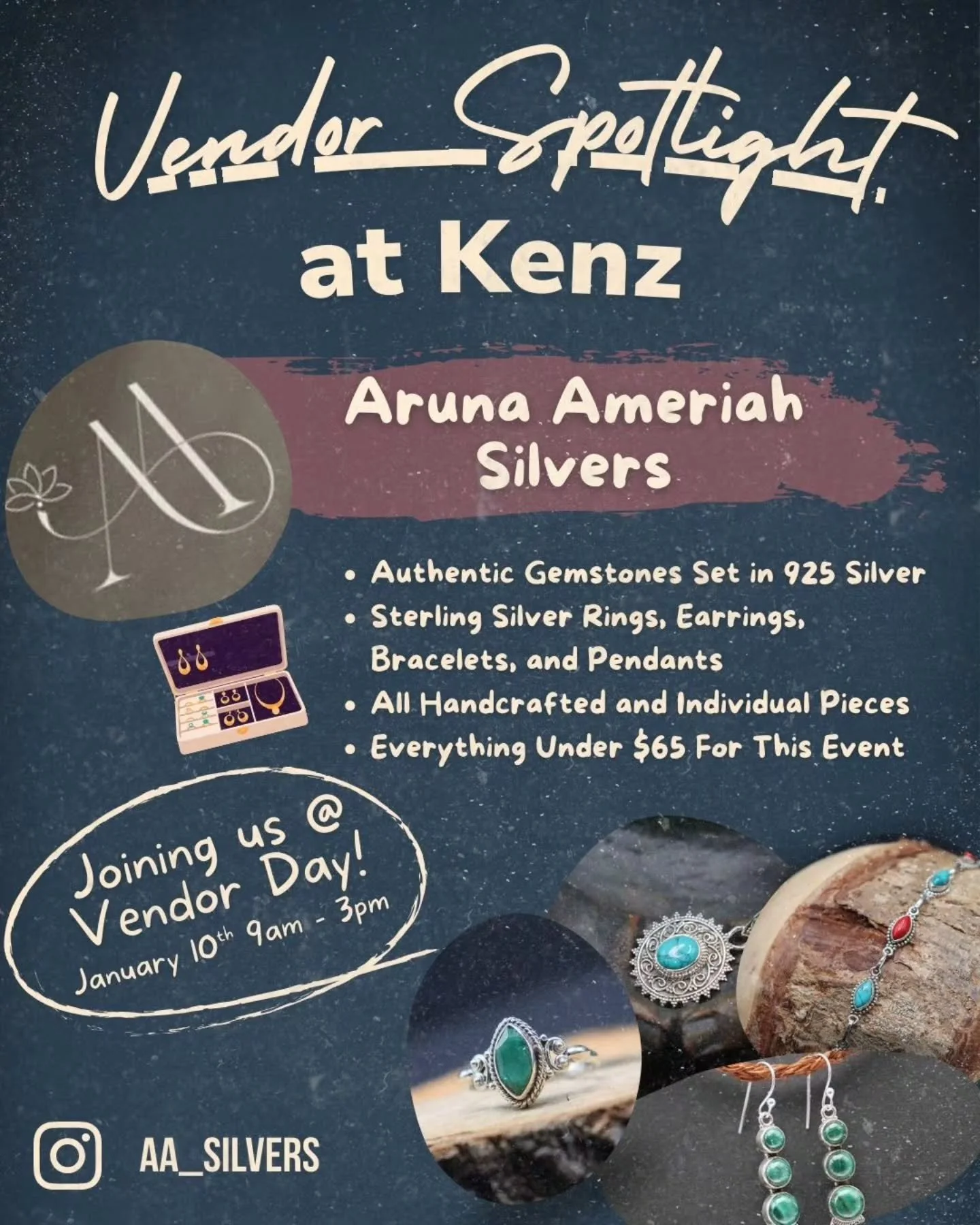 Vendor spotlight: @aa_silvers ✨💍

Aruna Ameriah Silvers features handcrafted jewelry made with authentic gemstones set in 925 sterling silver. Each piece is individually made, including rings, earrings, bracelets, and pendants. For Vendor Day, every