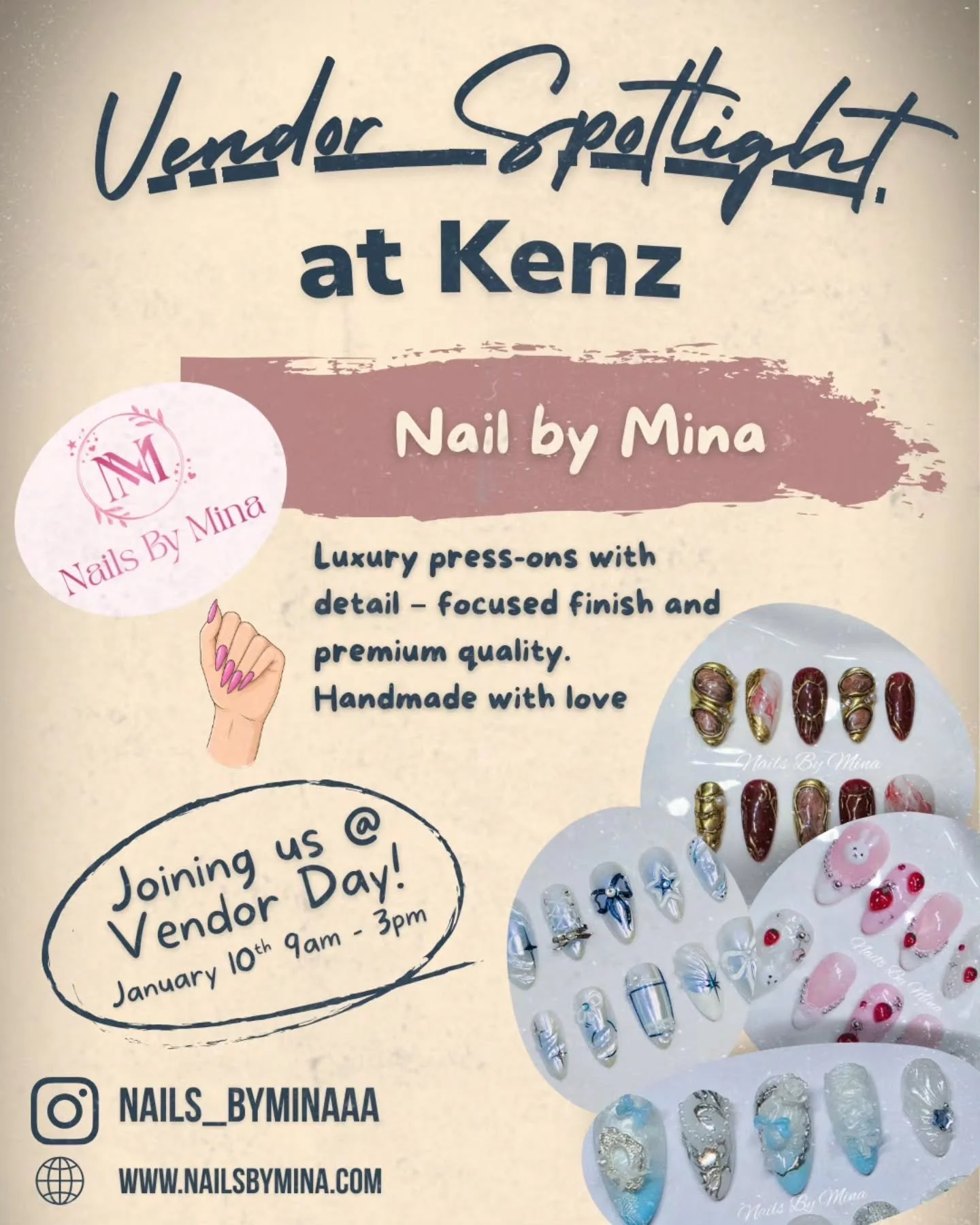 Vendor spotlight: @nails_byminaaa 💅✨

Nails By Mina is a small business specializing in handmade press-on nails inspired by Korean and Japanese aesthetics. Each set is made with care and attention to detail, designed to be both pop-up friendly and p
