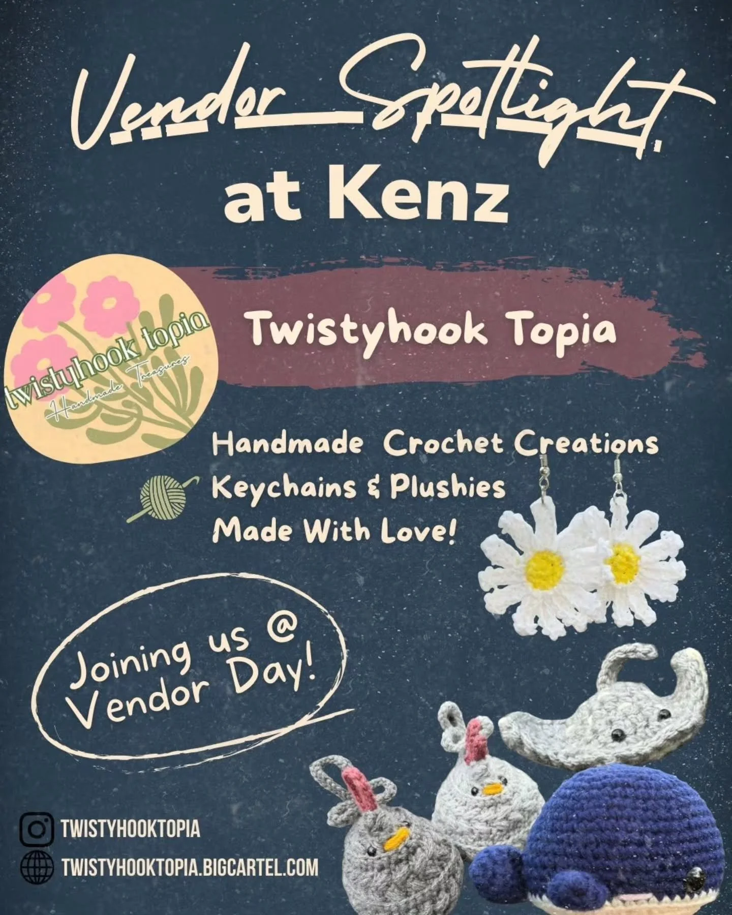 Vendor spotlight: @twistyhooktopia 🧶

Handmade crochet creations you&rsquo;ll definitely want to check out. Catch them at Vendor Day at Kenz on Friday, January 10 (9am&ndash;3pm).

Stop by, sip something good, and support a local maker.

445 Hershne