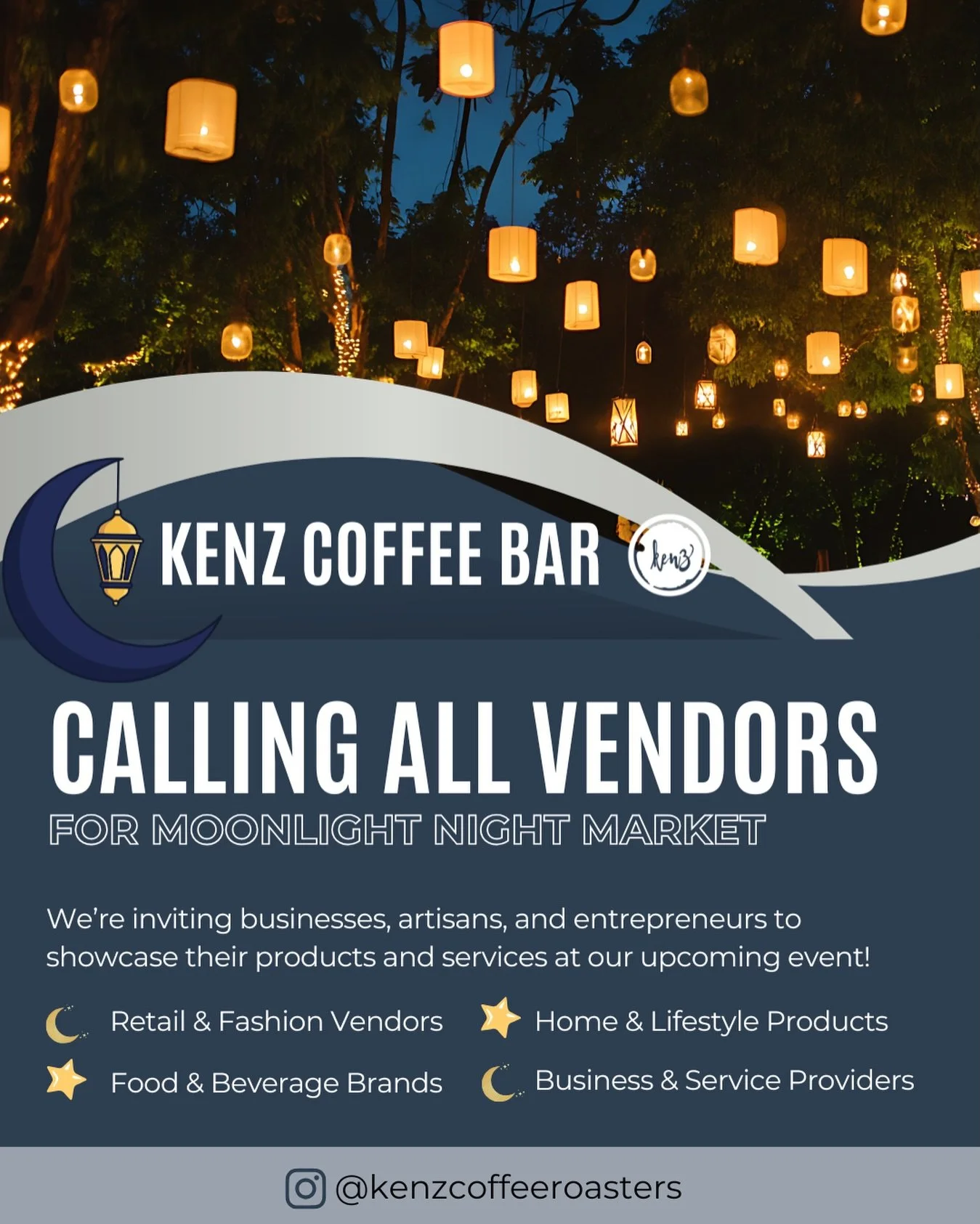 Calling all Vendors! We are looking to host a Moonlight Market at Kenz Coffee Bar on March 7th from 6:30-9:00 PM! We would love to have our space open to vendors to share their products while creating a fun night event! 🌙 If you are interested, plea