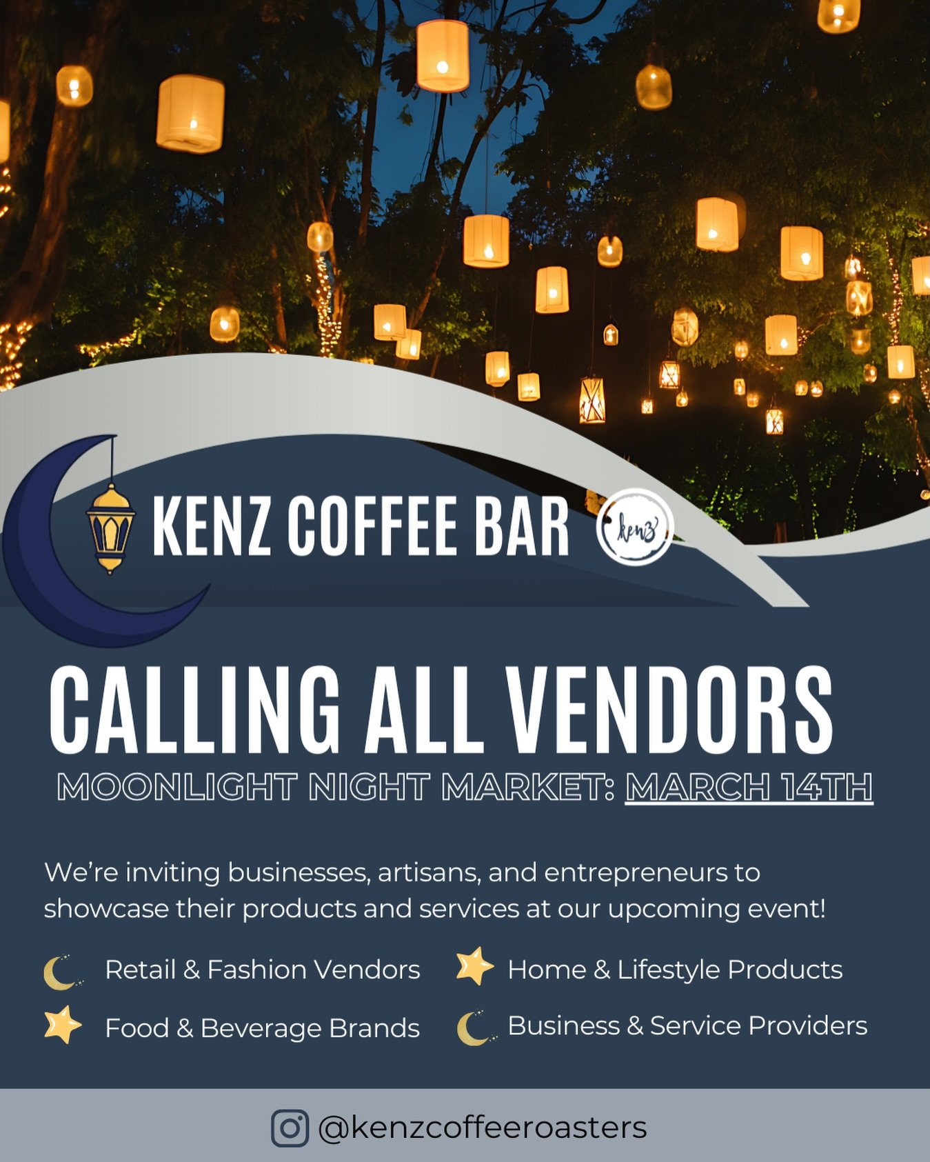 Due to popular demand, the Kenz Coffee Bar team has decided to reschedule the Moonlight Market to&nbsp;March 14th! Applications for vendors are still open to apply! Find the application link in our bio! 🌙