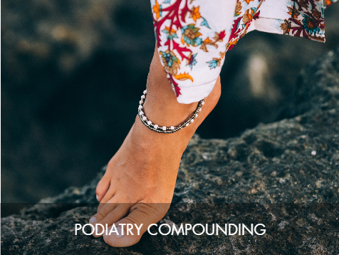 A person's foot touching a rock near water, with a floral dress and bracelet, captioned 'Podiatry Compounding'.