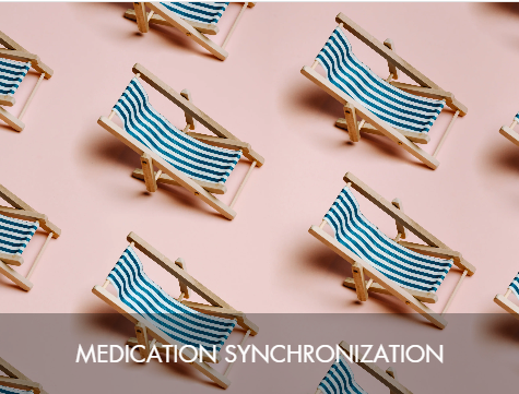 Multiple miniature deck chairs with blue and white striped fabric on a pink background, labeled 'Medication Synchronization'.