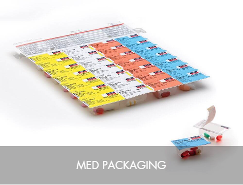 Medical medication blister pack with pills and an accompanying instruction leaflet, labeled 'Med Packaging'.