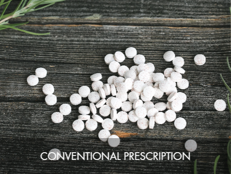 Assorted white pills scattered on wooden surface with green leaves around.