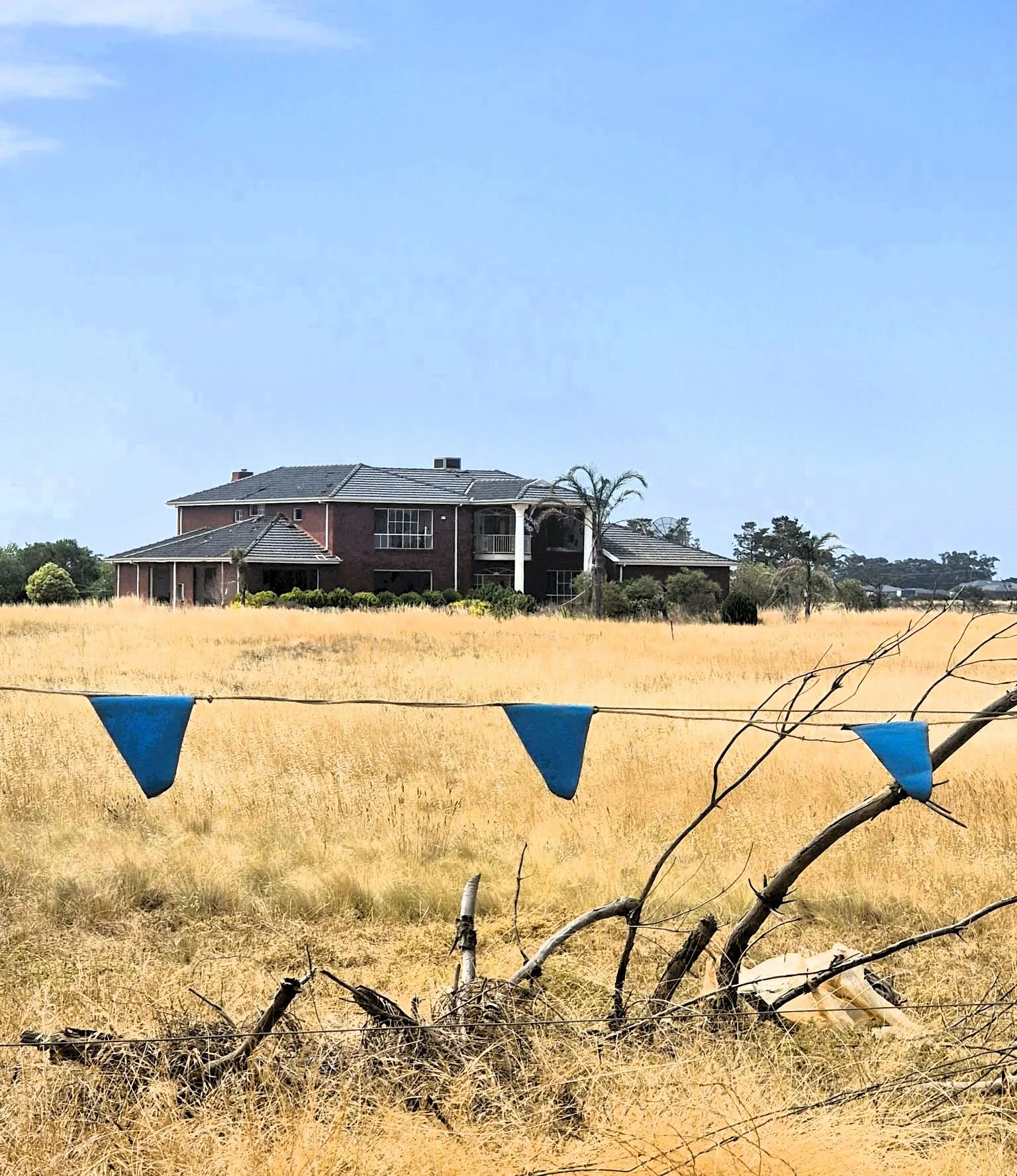 A large house on a grassy field with yellowish dry grass, trees in the background, and a clear blue sky. There are some blue triangular flags hanging on a string in the foreground.