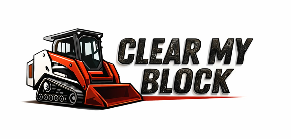 A cartoon bulldozer with the text "Clear My Block" beside it.