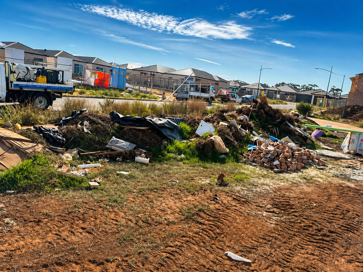 Construction site with debris and building materials in the foreground, residential houses and parked vehicles in the background, under a partly cloudy sky.
