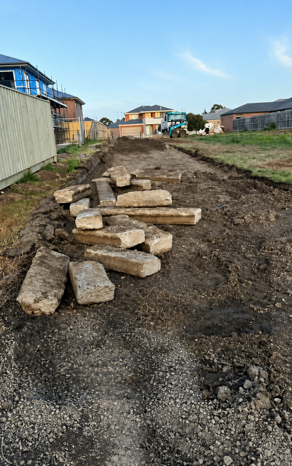 A construction site showing a dirt pathway with scattered large stones and bricks, with residential houses in the background and a small construction vehicle in the distance under a clear sky.