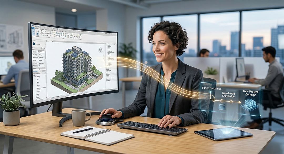A calm, professional BIM modeler working at a modern workstation. They are focused on a large curved monitor displaying a clear, complex 3D view of a building model .