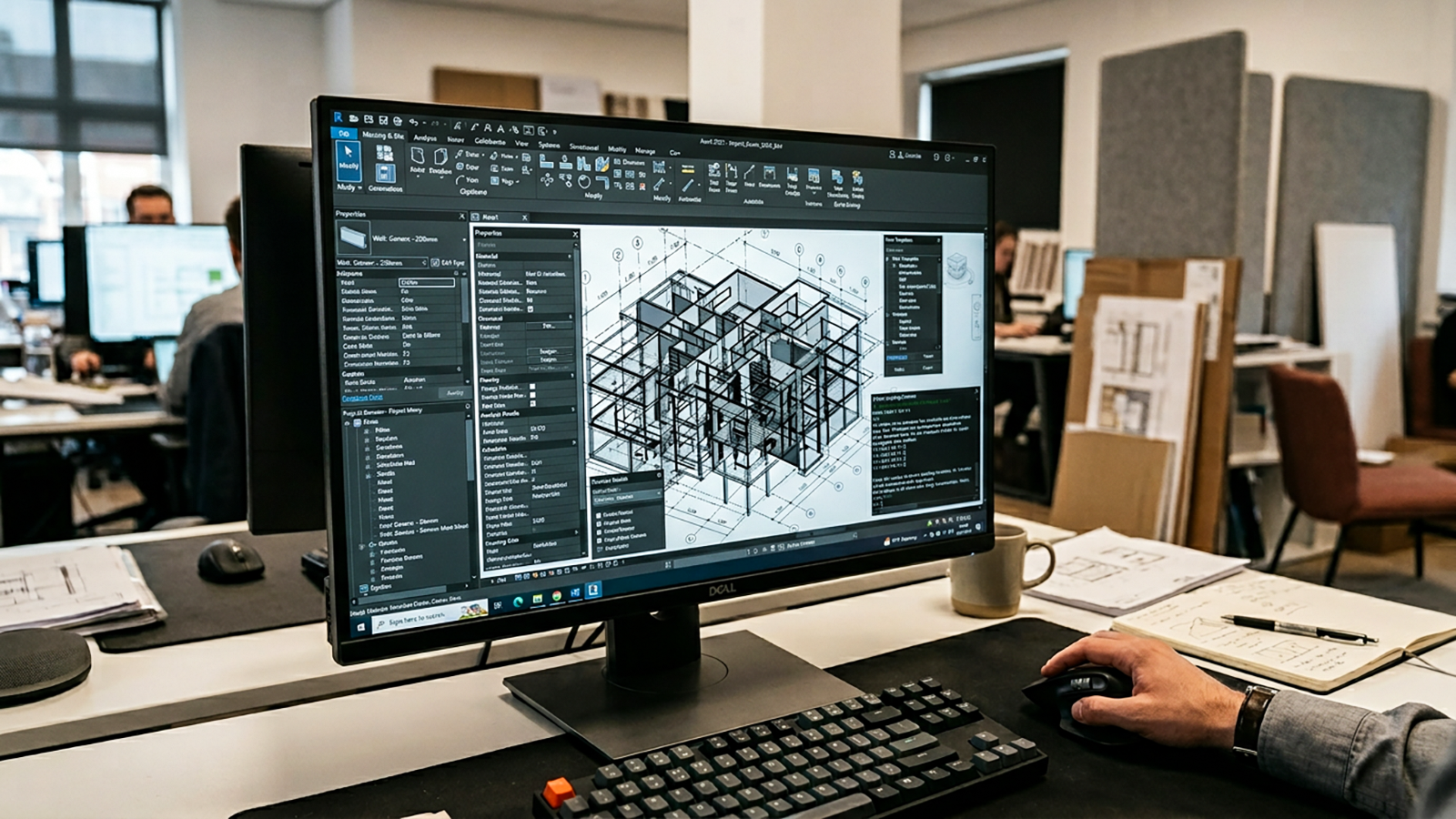 Architecture workstation showing many software tools and commands without clear project relationships.