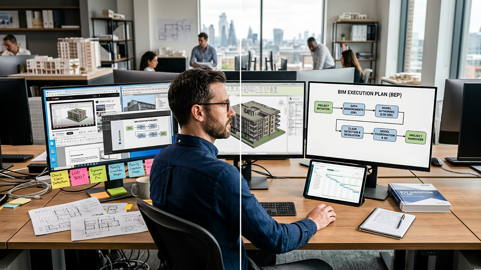 Professional comparing scattered Revit learning sources with a clear connected workflow system.