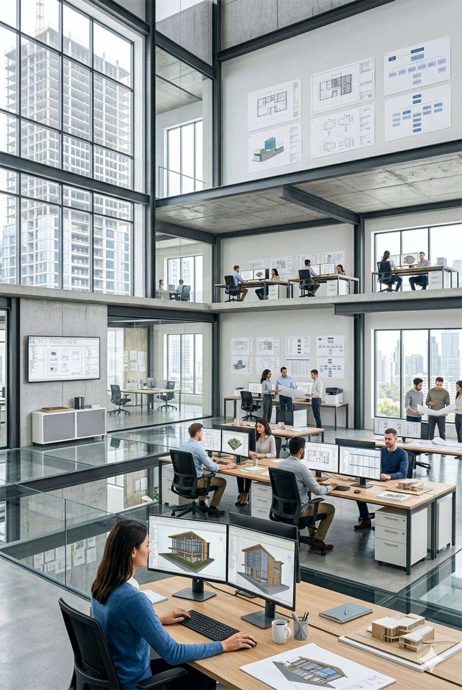 An open-concept modern office with multiple levels and large windows, showing people working at desks, having meetings, and discussing architectural designs.
