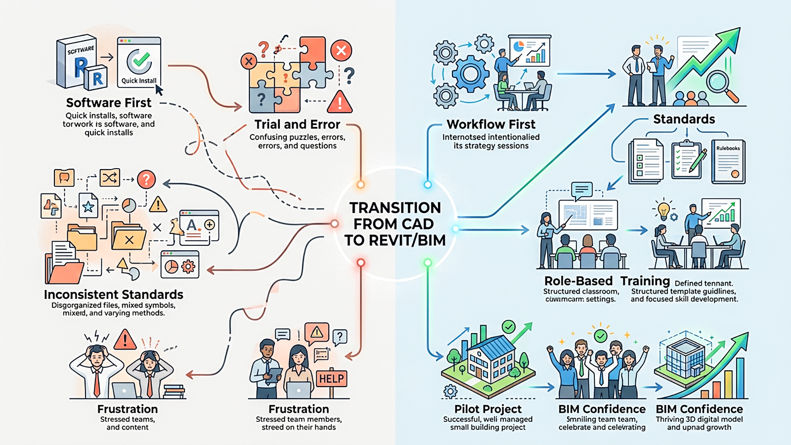 Diagram comparing two CAD-to-Revit transition paths: a software-first approach leading to trial and error; inconsistent standards, and frustration, contrasted with a workflow-first approach leading to standards, role-based training and pilot project.