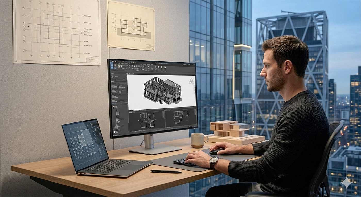A man working on architectural designs at a desk inside an office with large windows showing a cityscape. He is using a desktop computer and a laptop, with architectural blueprints and a small model of a building on the desk.