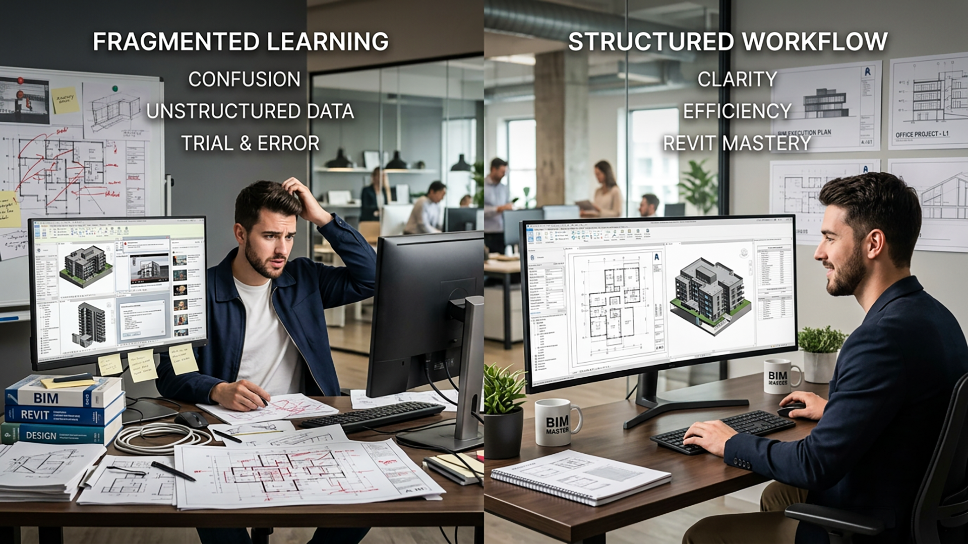 Professional comparison showing the difference between fragmented Revit learning and a structured workflow