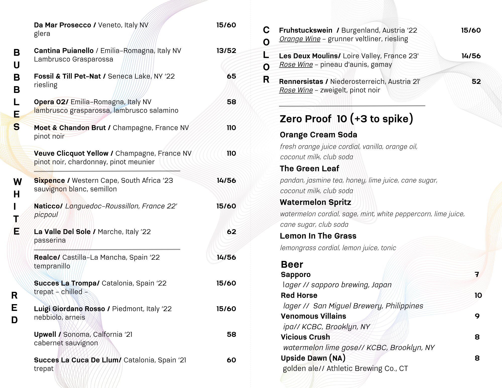 Wine | Beer | Zero Proof Menu