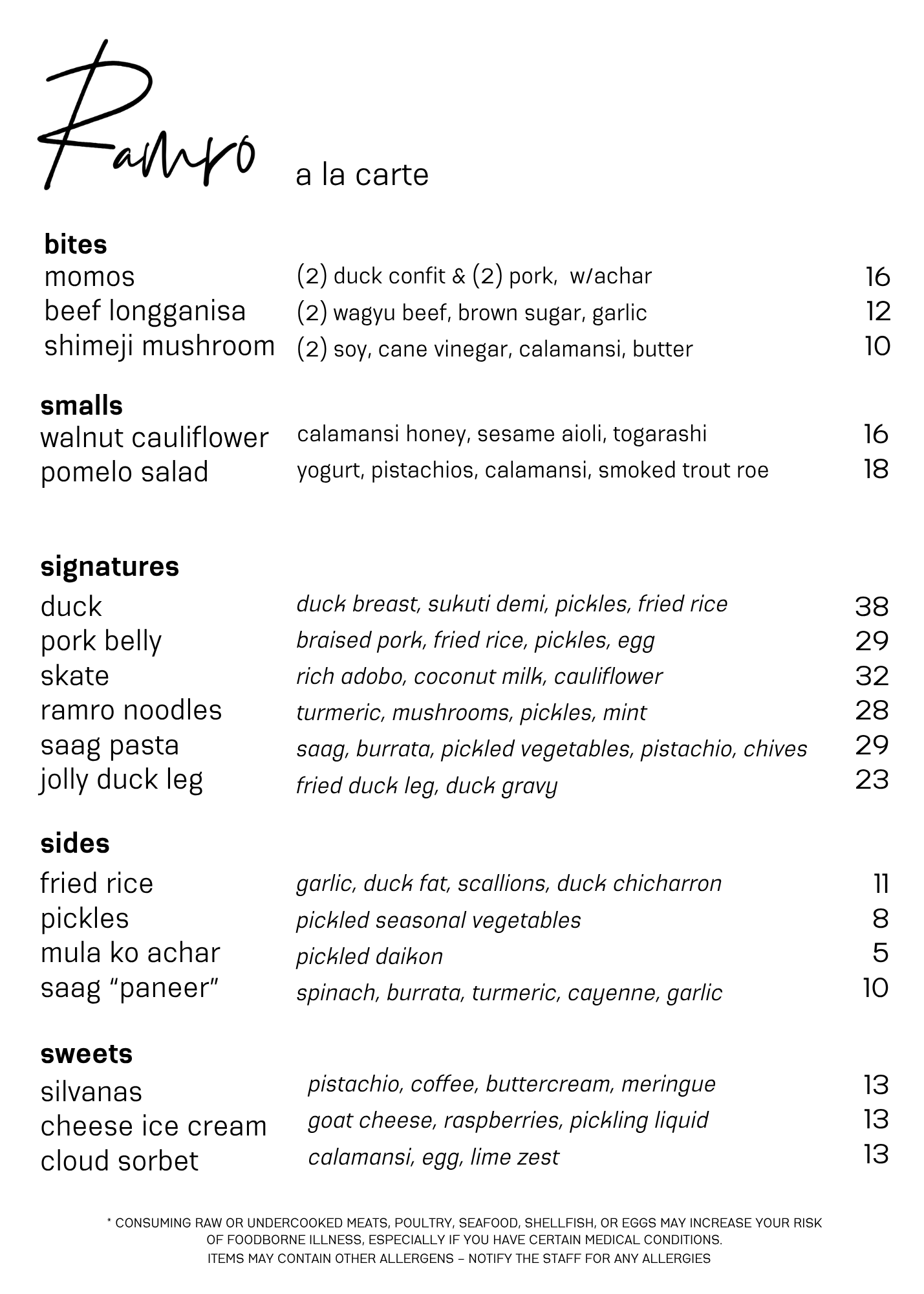 A la Carte Menu