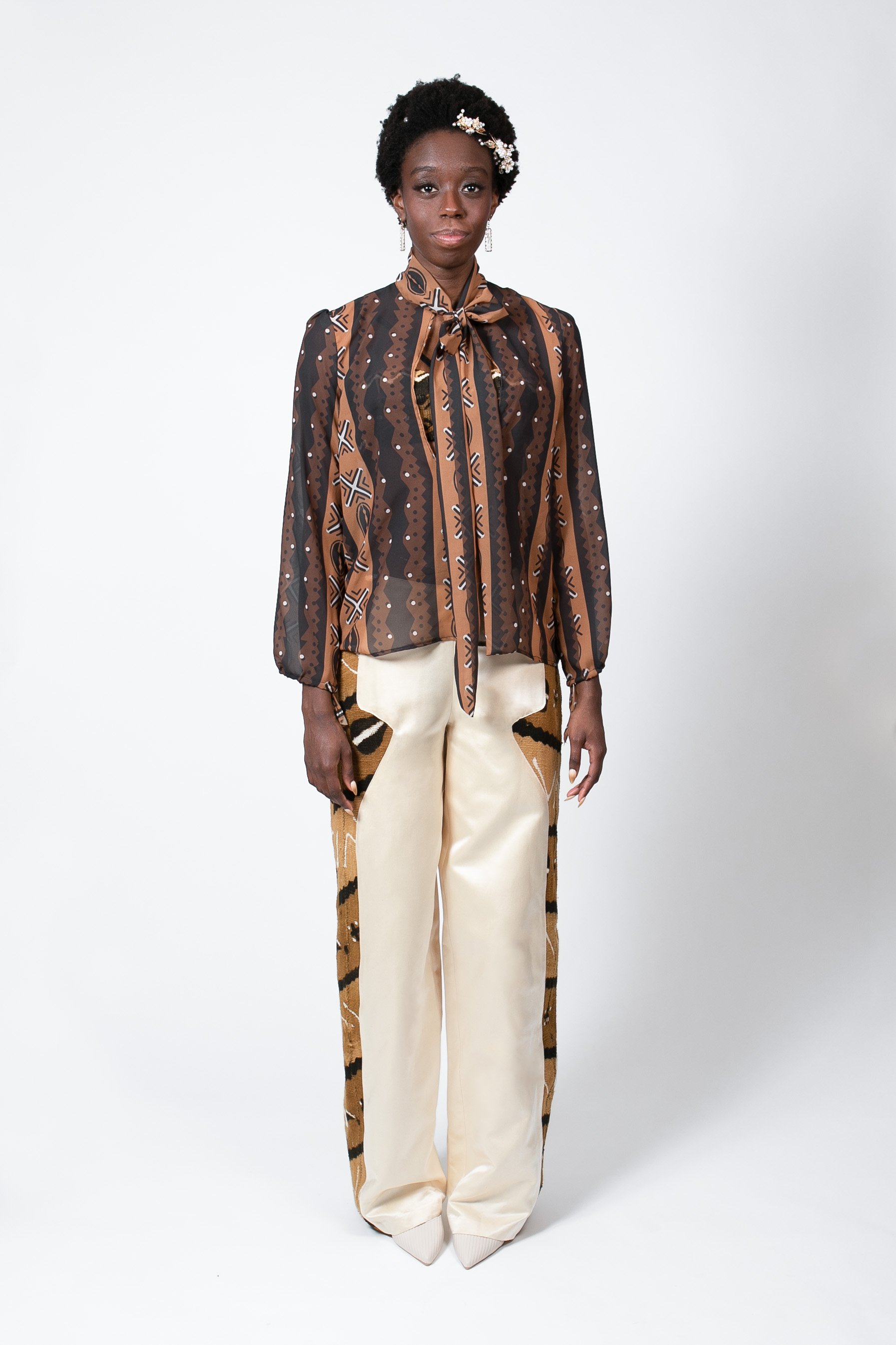 Mudcloth Print Bow Tie Blouse