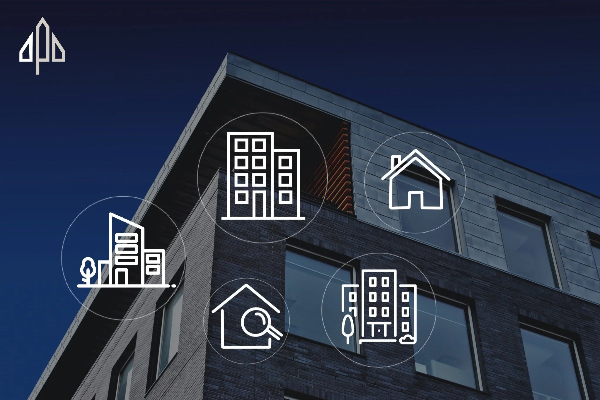 Arch Properties - picture of building corner with house and building icons.