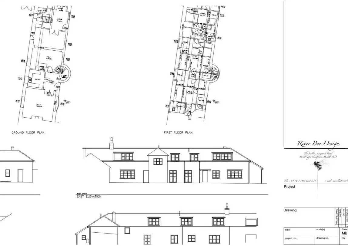 Architectural blueprint showing ground and first floor plans, east elevation, and front elevation of a residential house design titled 'River Bee Design'.