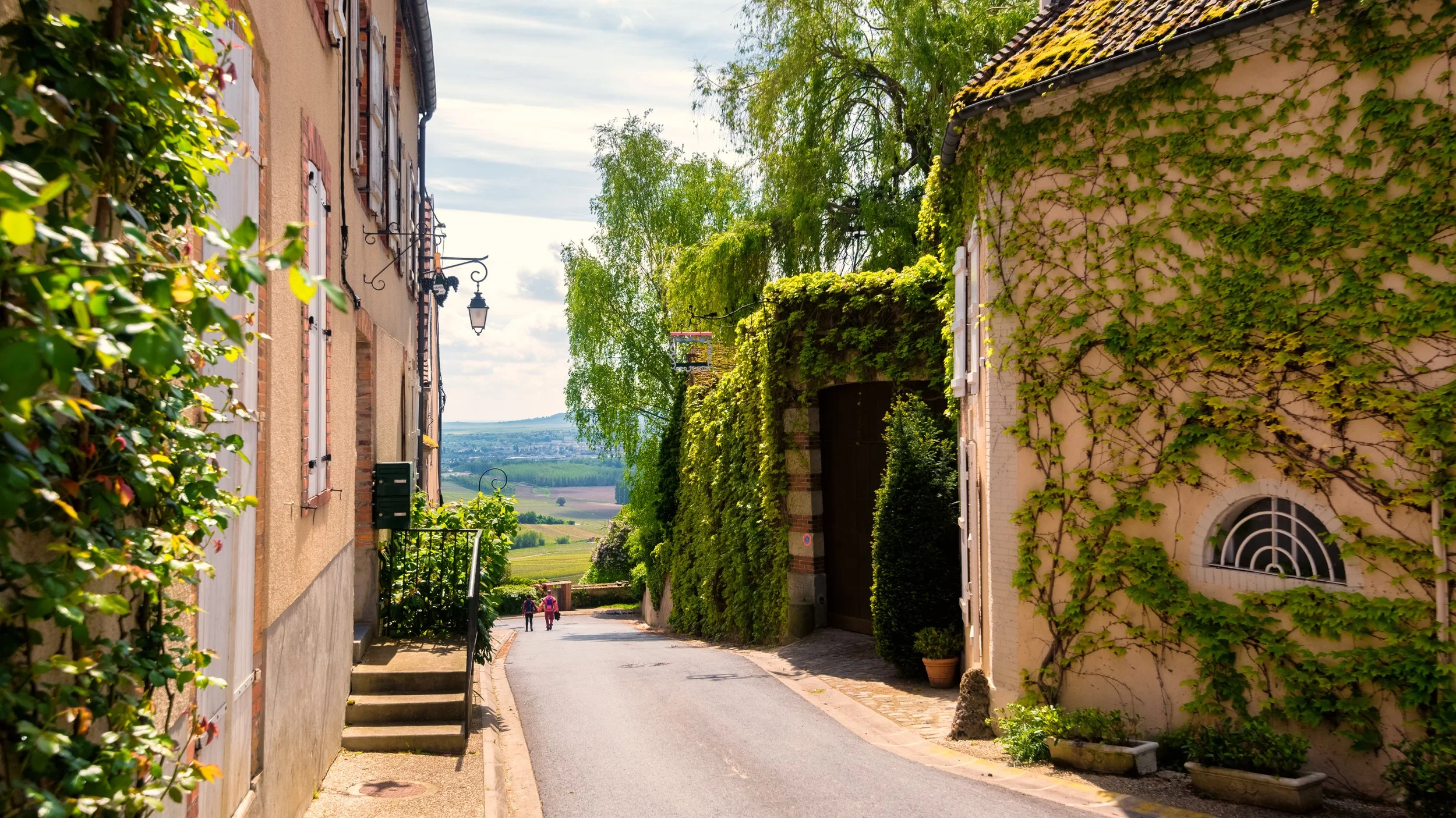 A narrow street in a European village with ivy-covered walls, potted plants, and a view of the countryside in the distance under a partly cloudy sky.