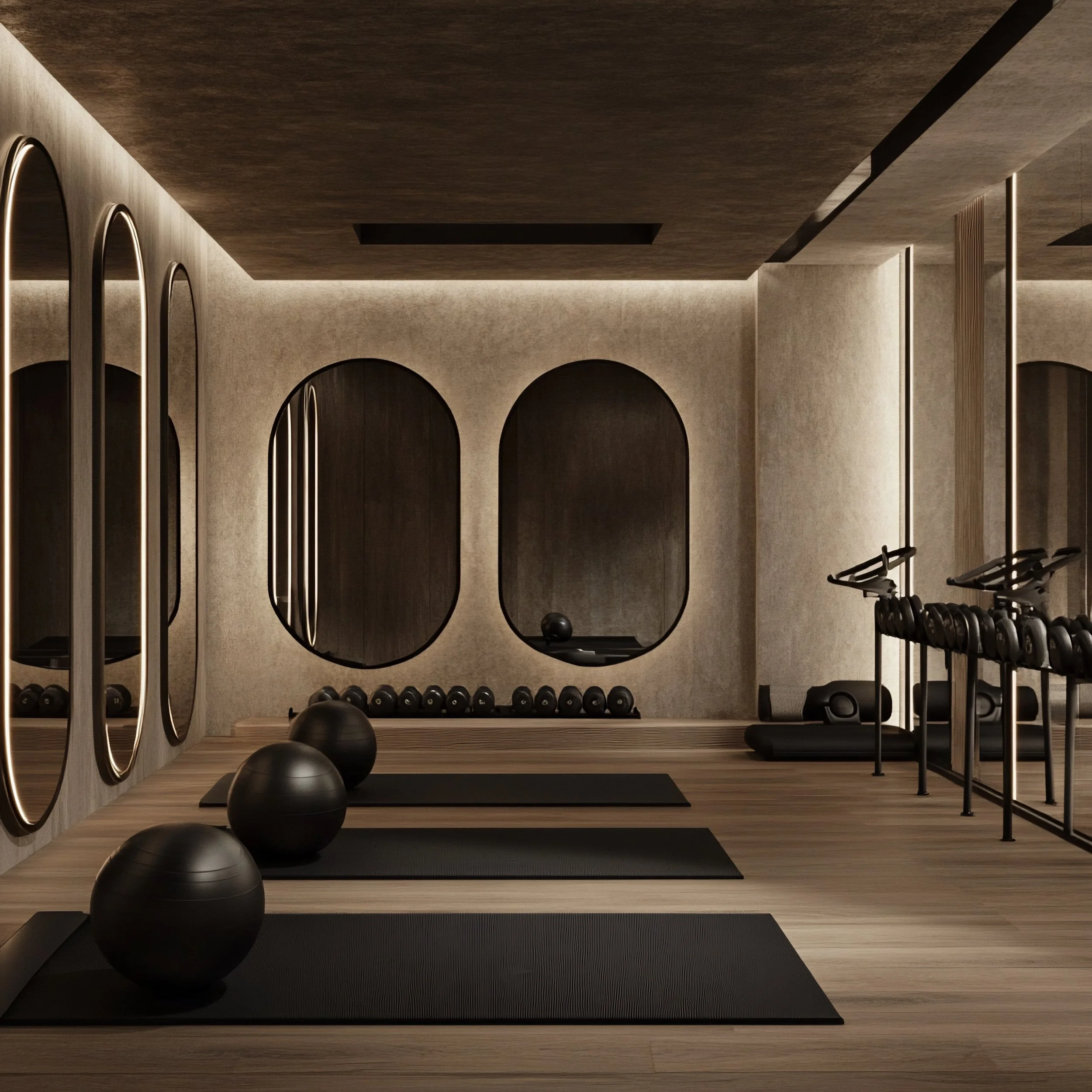 A modern, minimalist gym with black exercise balls, yoga mats, dumbbells, cycling machines, and mirrors in a sleek, dimly lit interior.