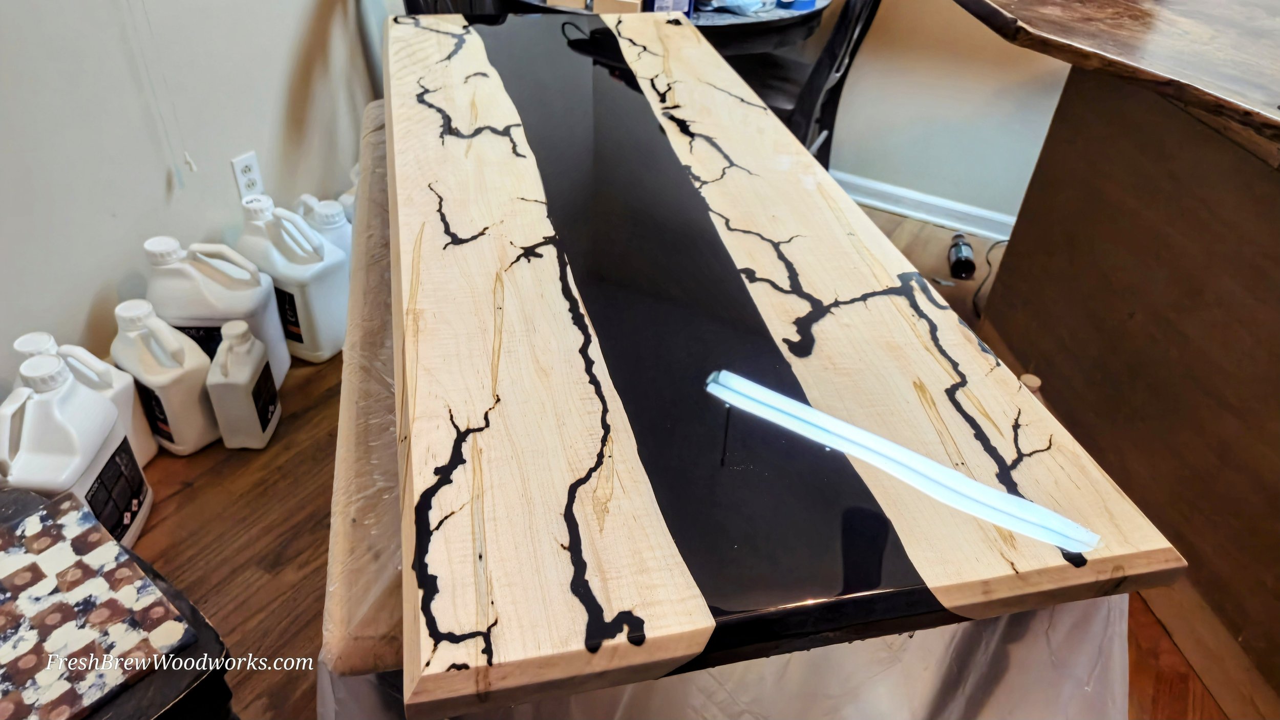 Ambrosia Maple River Table, sofa table to be exact, fresh from having its epoxy resin clear topcoat applied.