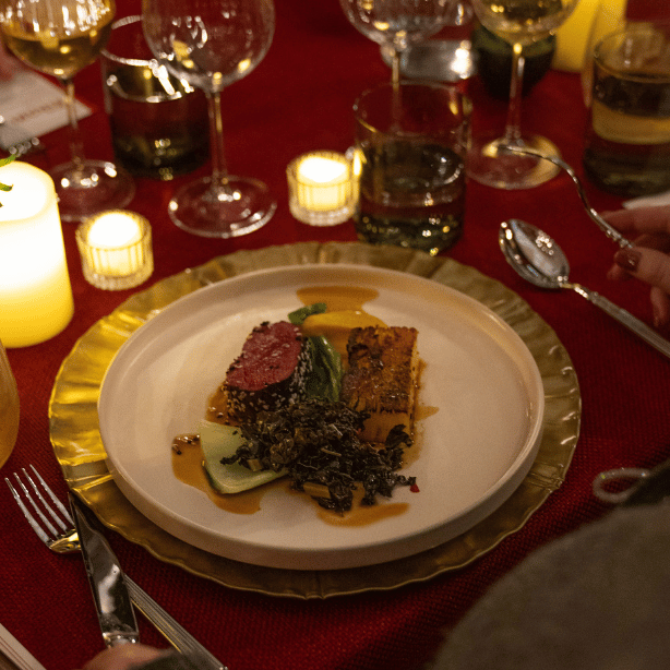 Main course dish set on the table for a dinner event at Apothecaries' Hall