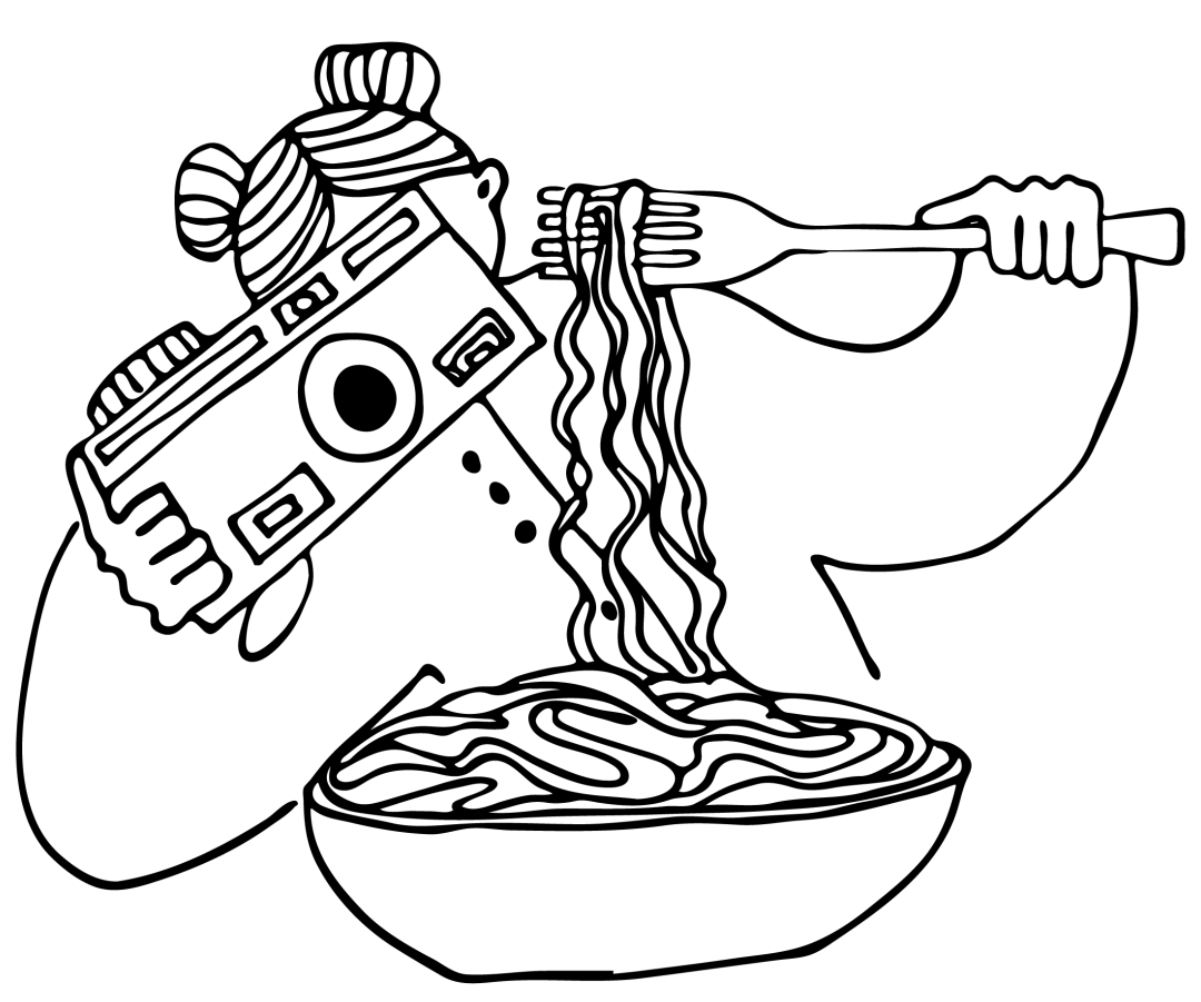A line drawing of a member of the team taking pictures of food