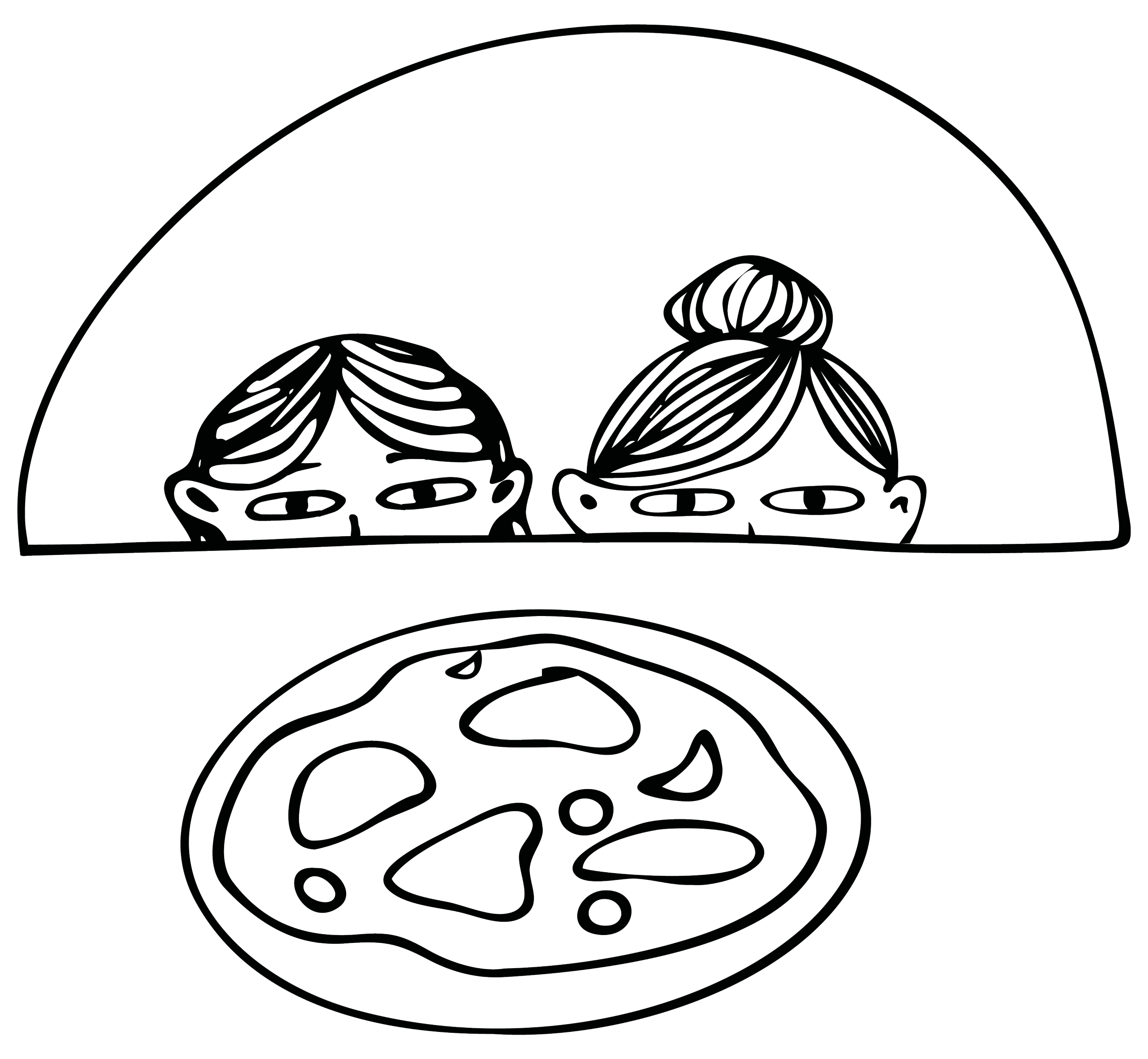 Line drawing of Lily and Emily cooking pizza