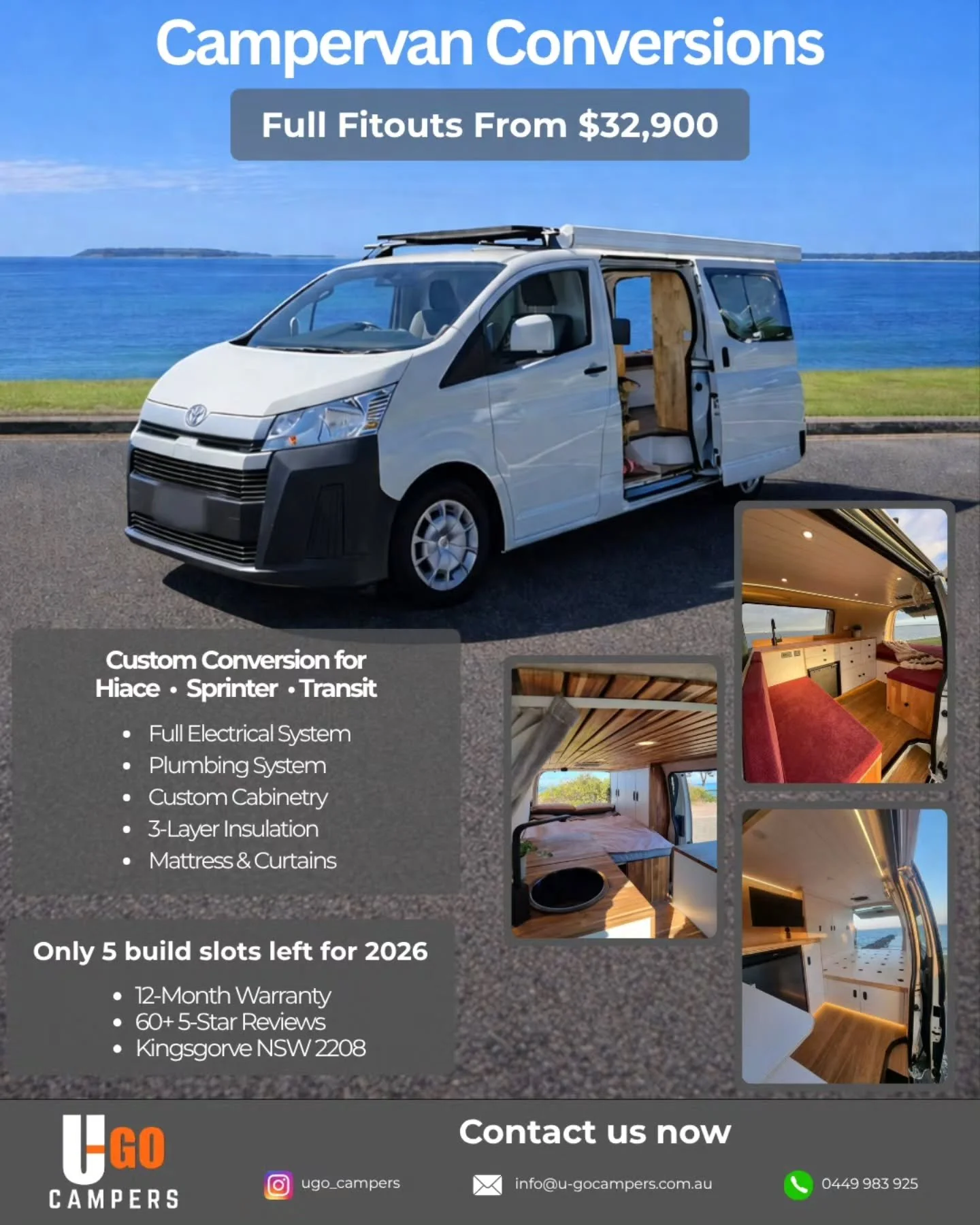 Your van, your way 🚐

We build high-quality campervan conversions designed for real travel &mdash; not shortcuts.

 - Full electrical + plumbing
 - Custom cabinetry
 - Proper insulation
 - Built to last

Starting from $32,900

Only 5 build slots lef
