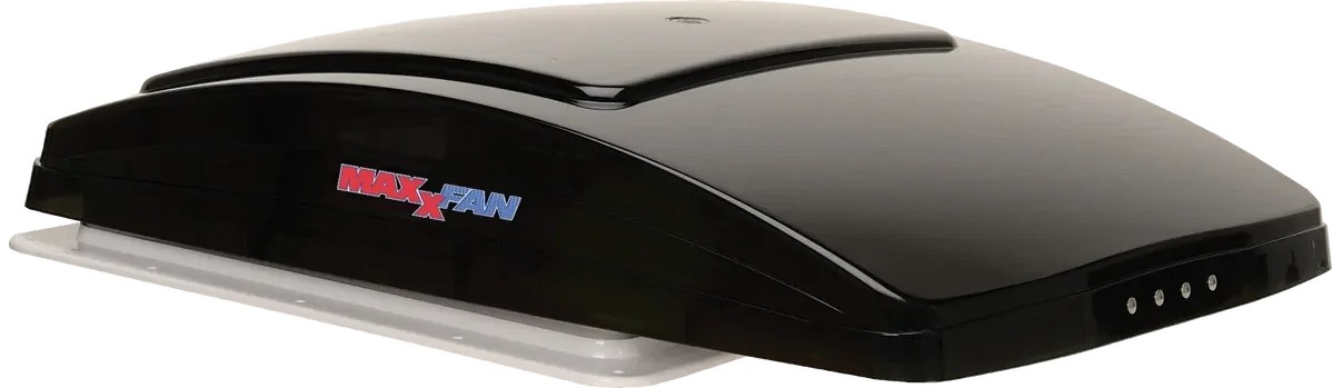 MaxxFan Deluxe with Rain Dome, Thermostat, Power Lift and Remote Black