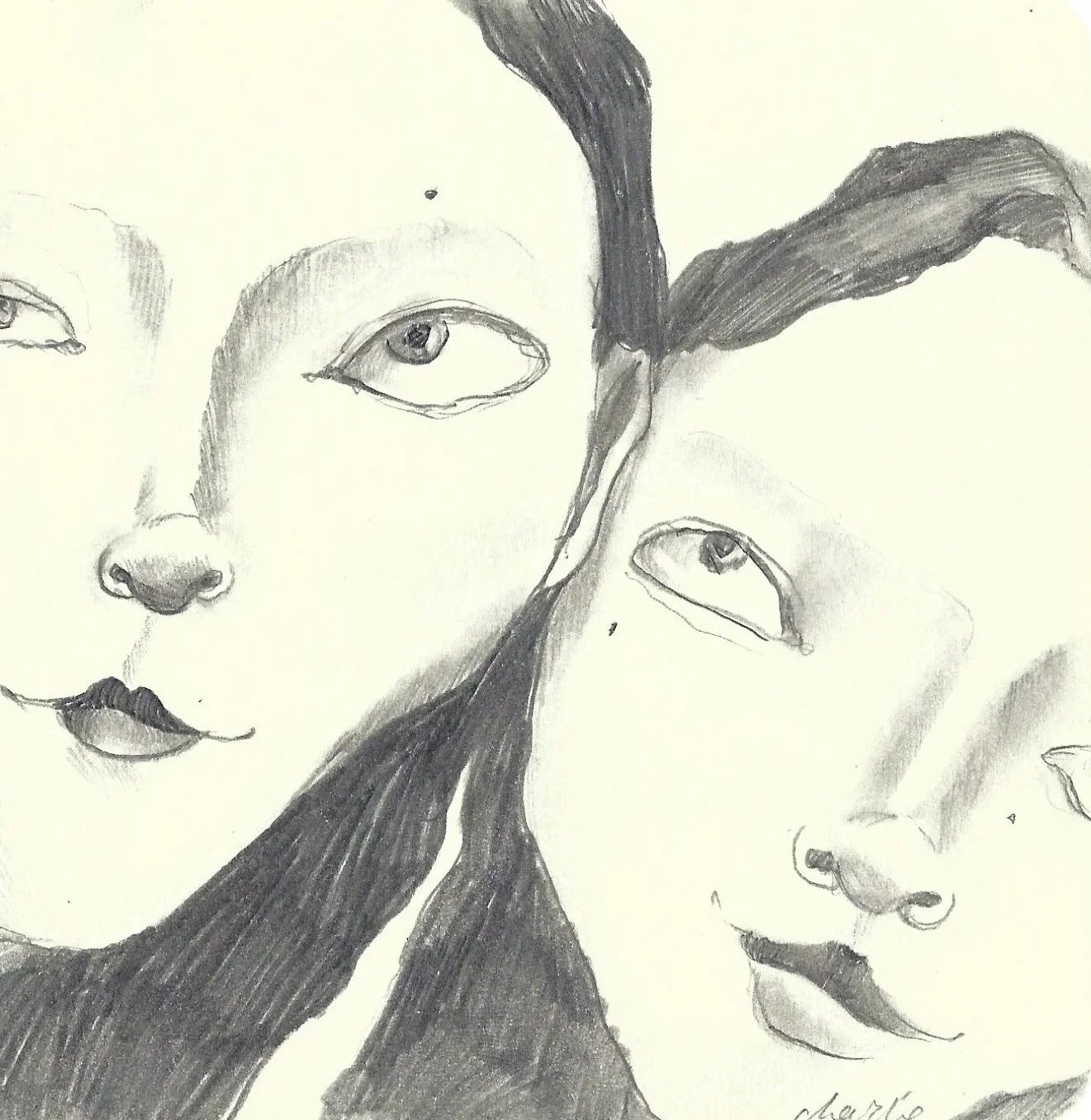 A pencil sketch of multiple faces, overlapping, with detailed eyes, noses, and lips.