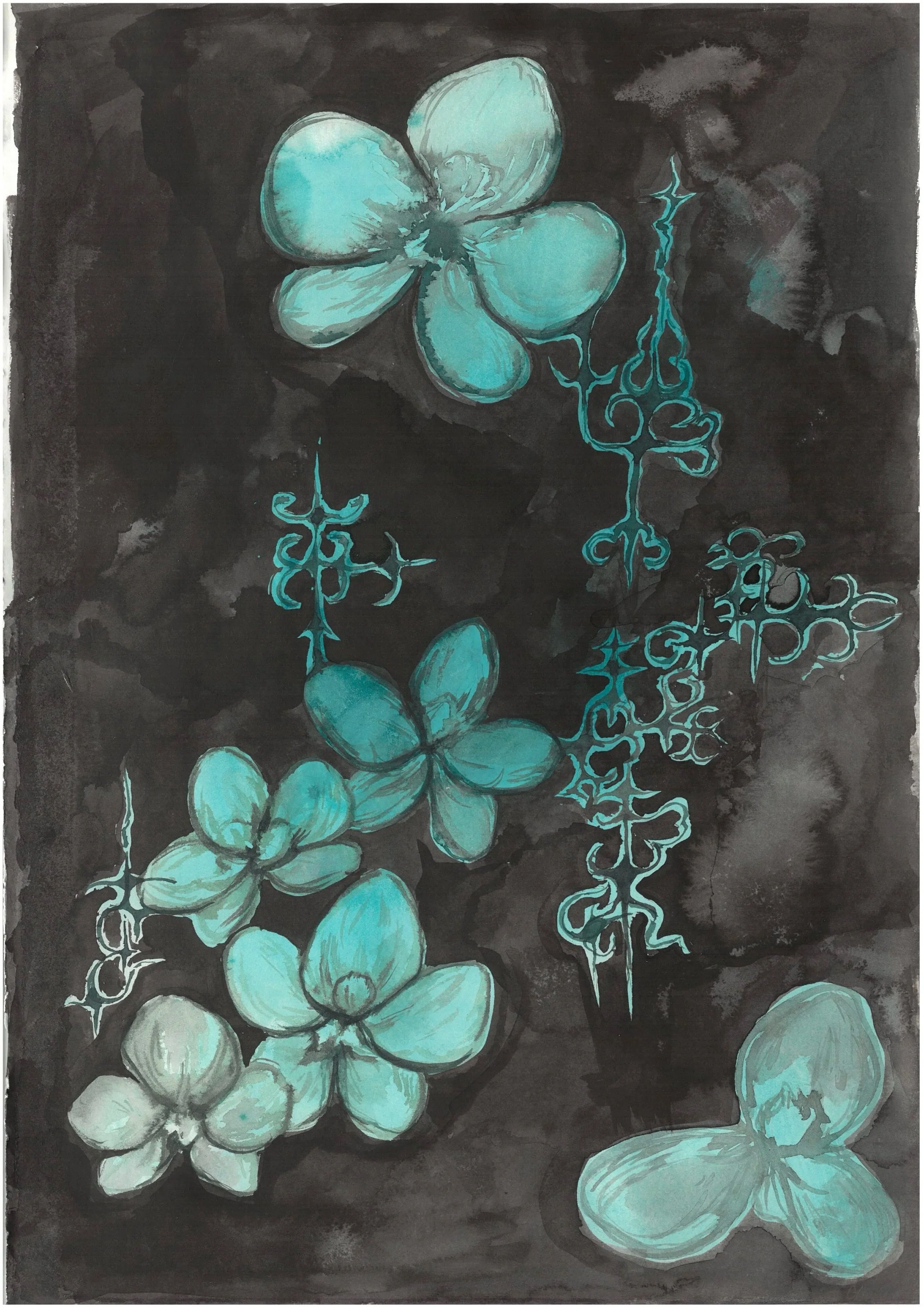 A painting of blue flowers and butterflies on a dark background.