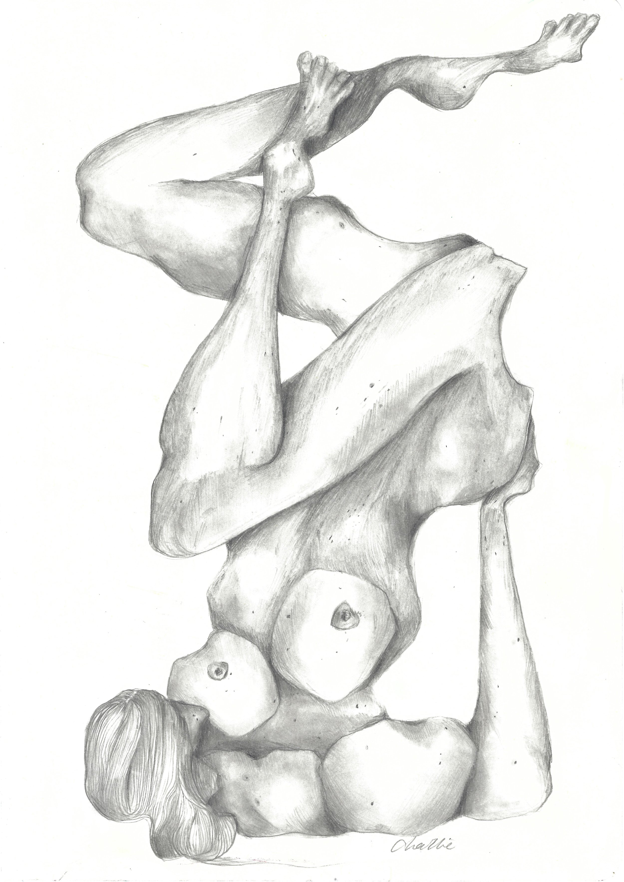 A pencil sketch of a nude woman with her legs raised and her arms over her head, with her long hair flowing down.