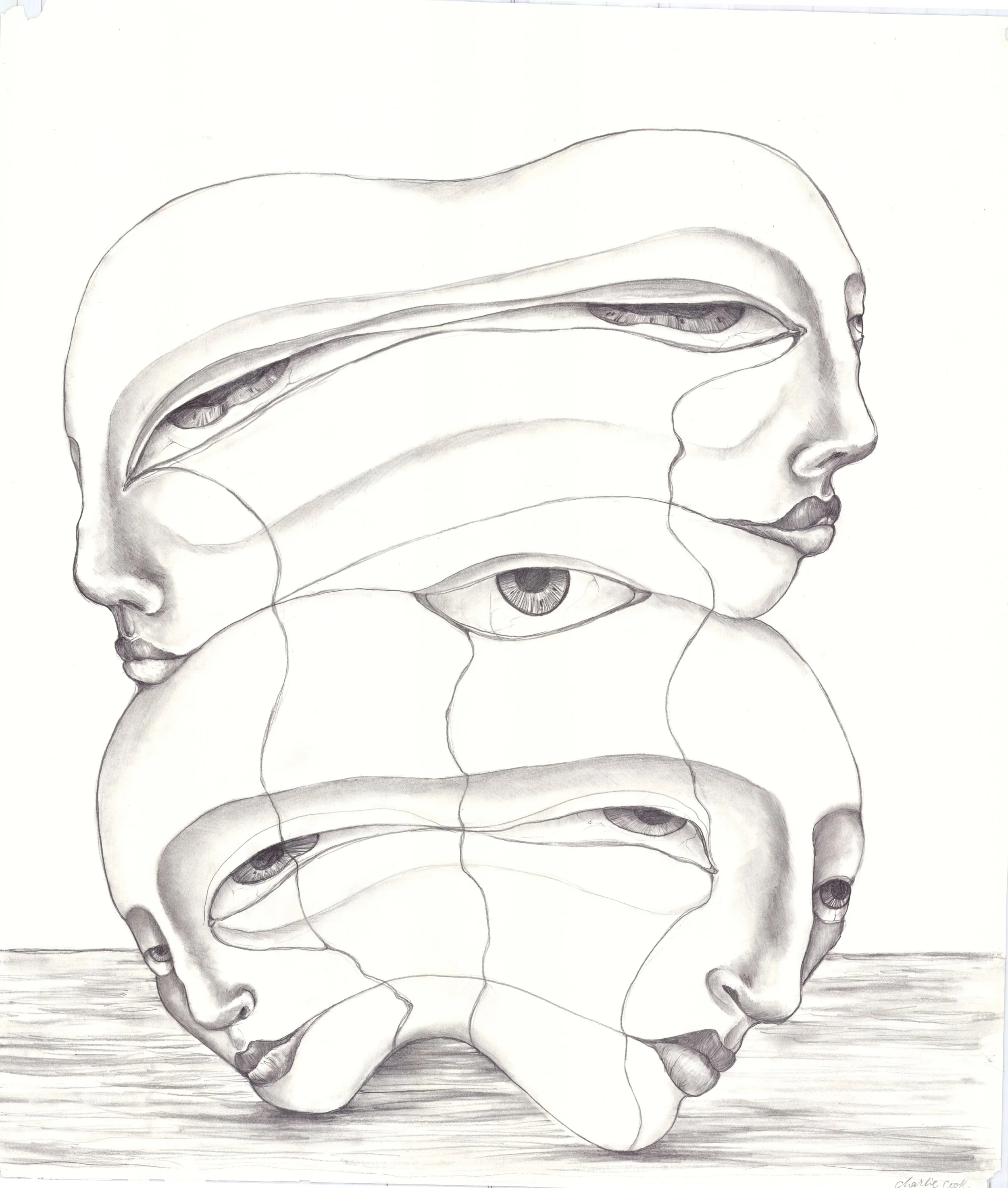 A detailed pencil sketch of a human pelvis with multiple eyes embedded in various parts of the bones, creating a surreal, artistic composition.