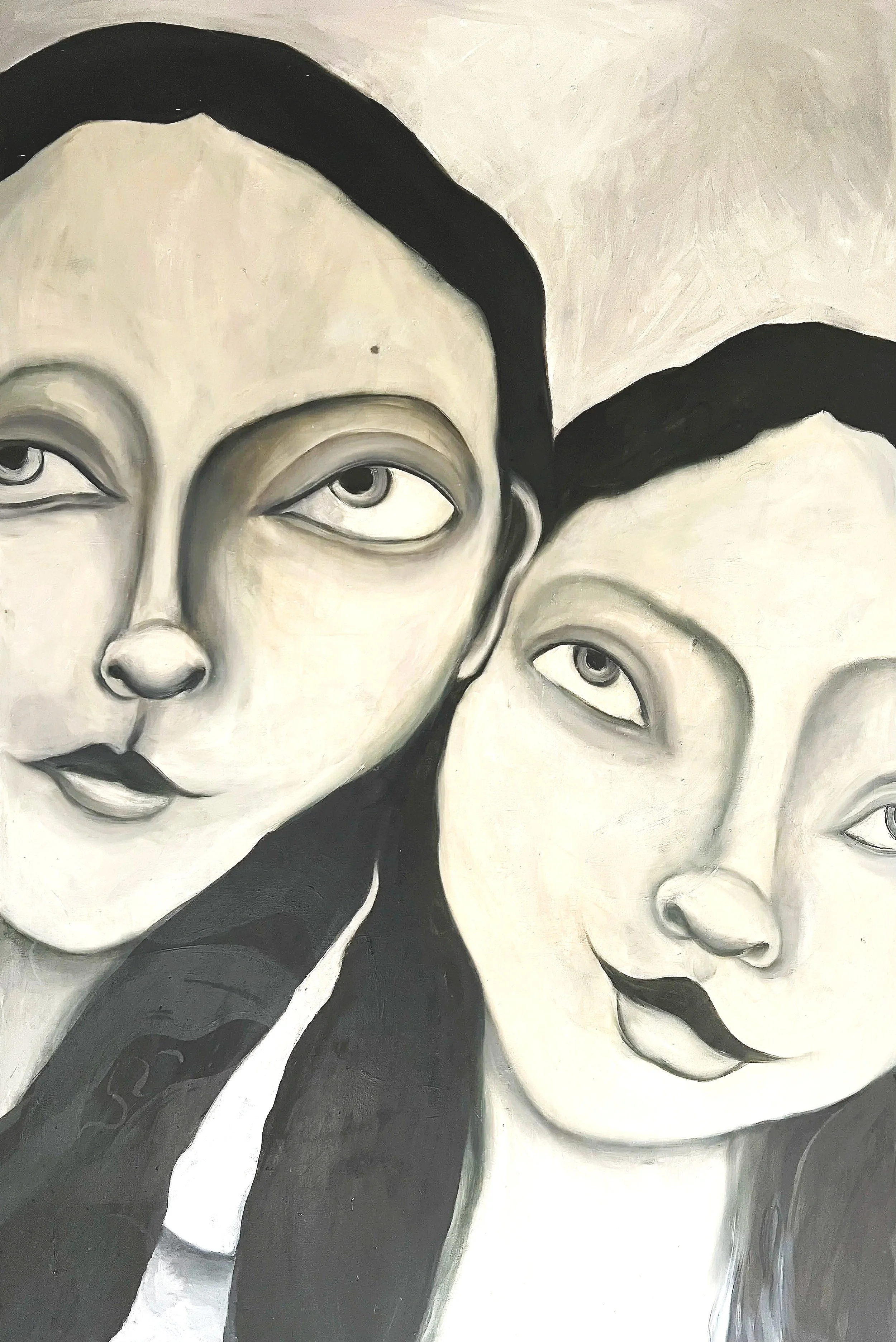 Close-up of a black and white abstract portrait of three faces with intense gazes, painted with bold brushstrokes.