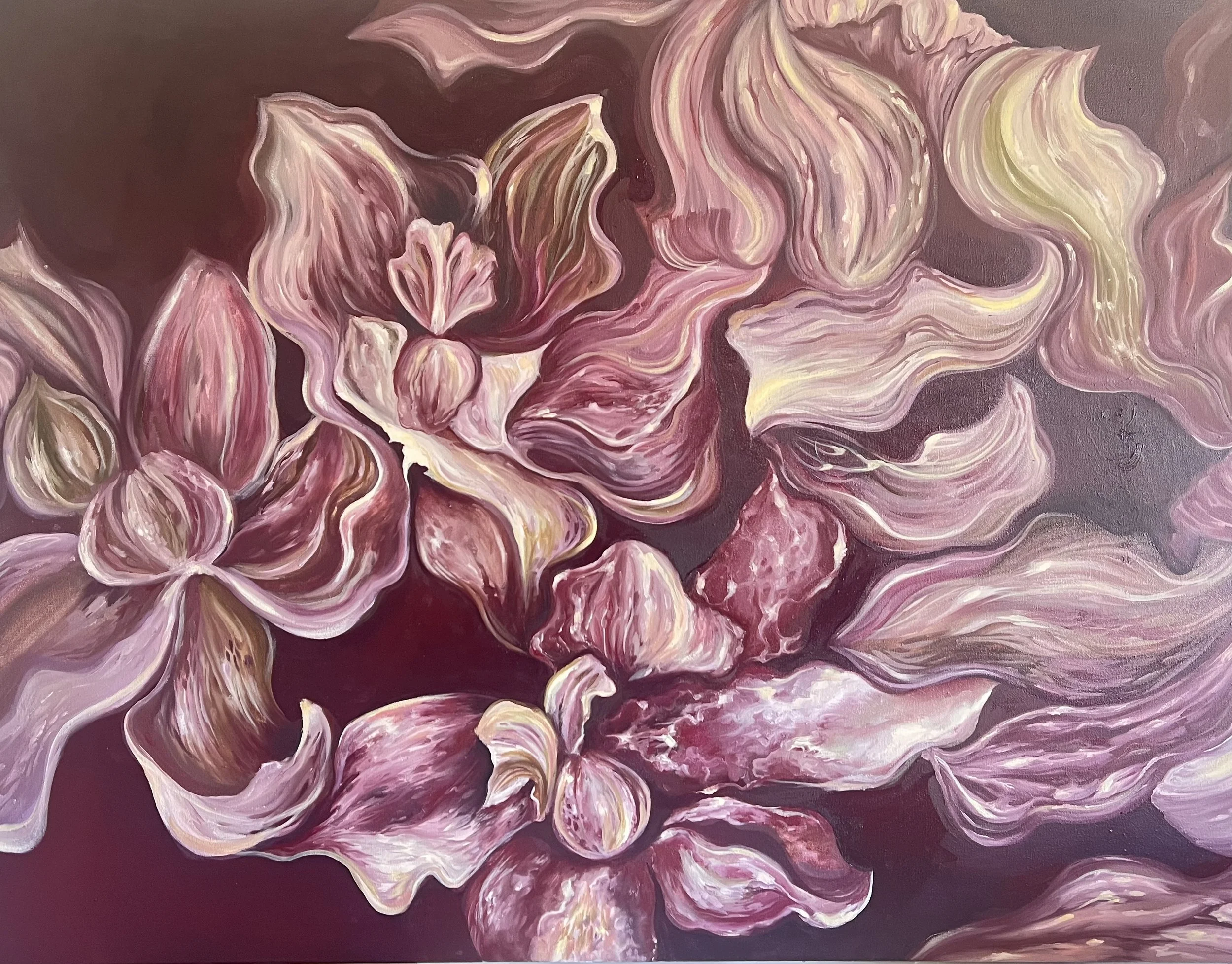 A close-up of a floral abstract painting with pink, cream, and hints of yellow colors on a dark background.