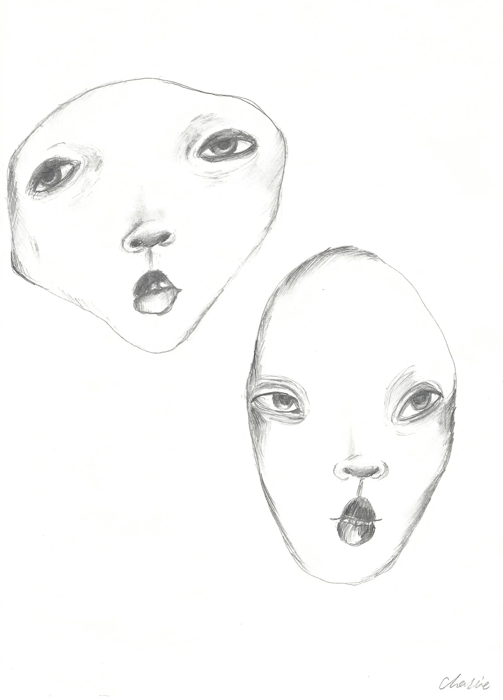 Two pencil sketches of human faces, both with open mouths and expressive eyes, signed by the artist named Chazie.