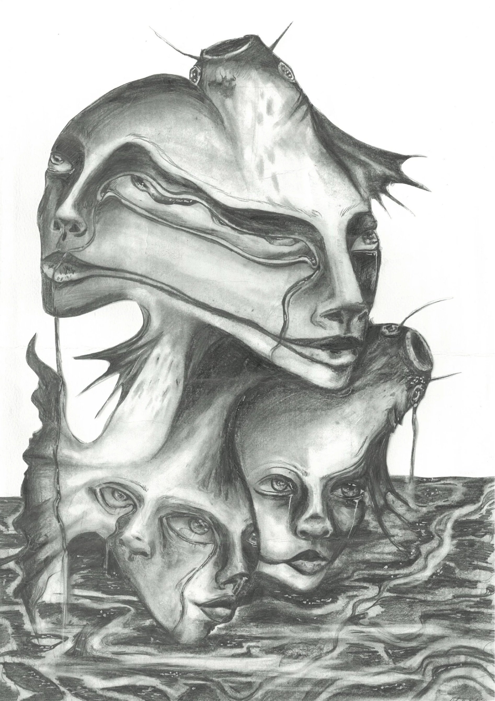 A black and white surrealist drawing illustrating multiple human faces and elements intertwined, some with water or liquid dripping from them, blending into abstract shapes and lines.