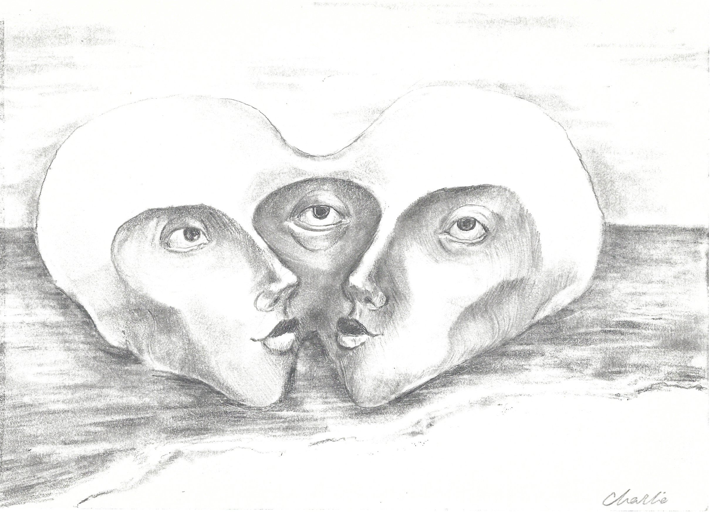 Black and white pencil sketch of a face with three eyes, with the middle eye larger and located on the forehead, and the eyebrows and lips also prominent.