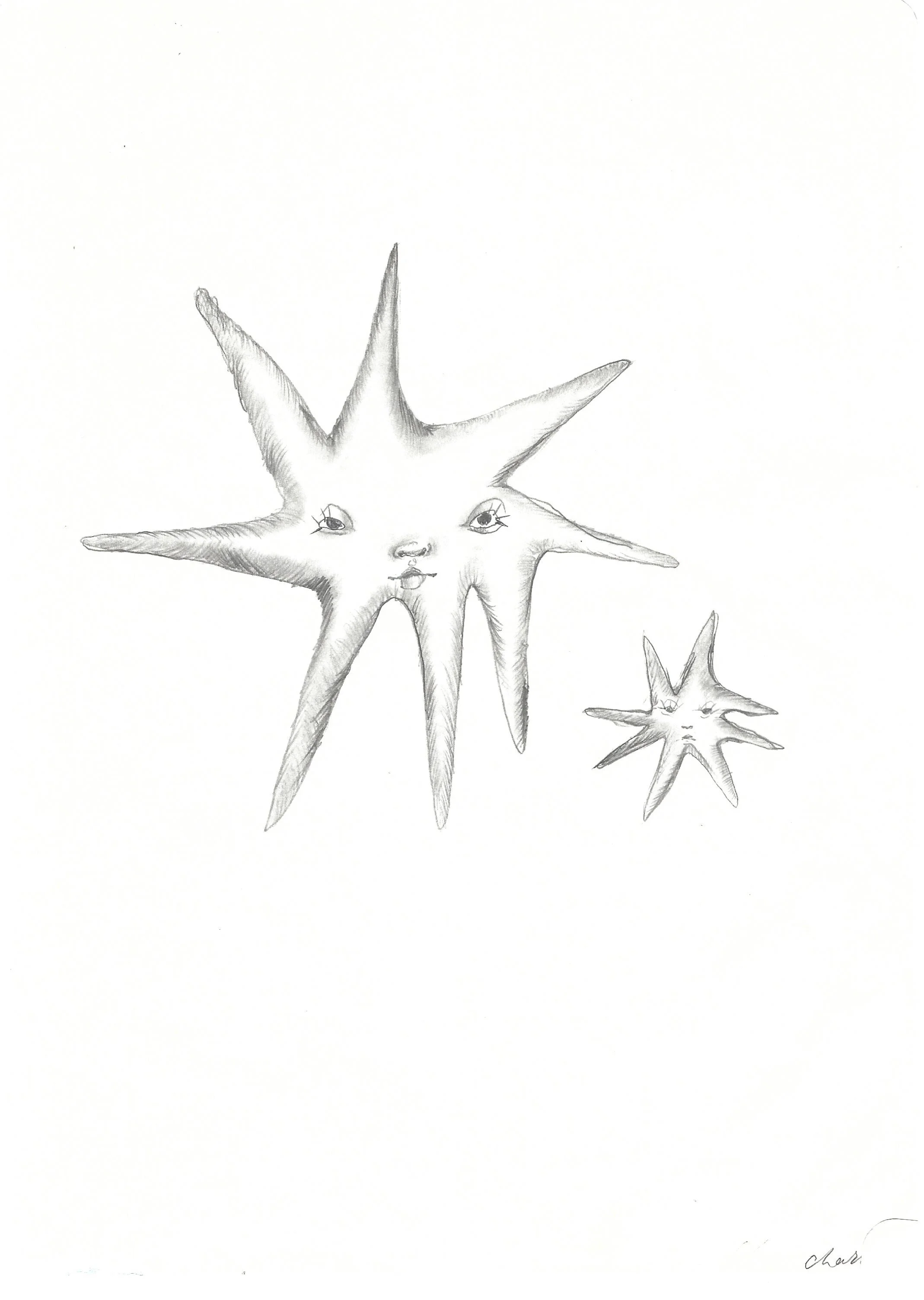 A pencil drawing of a star-shaped creature with human-like eyes, a nose, and lips, with a smaller similar creature below it. The drawing is signed in the bottom right corner.