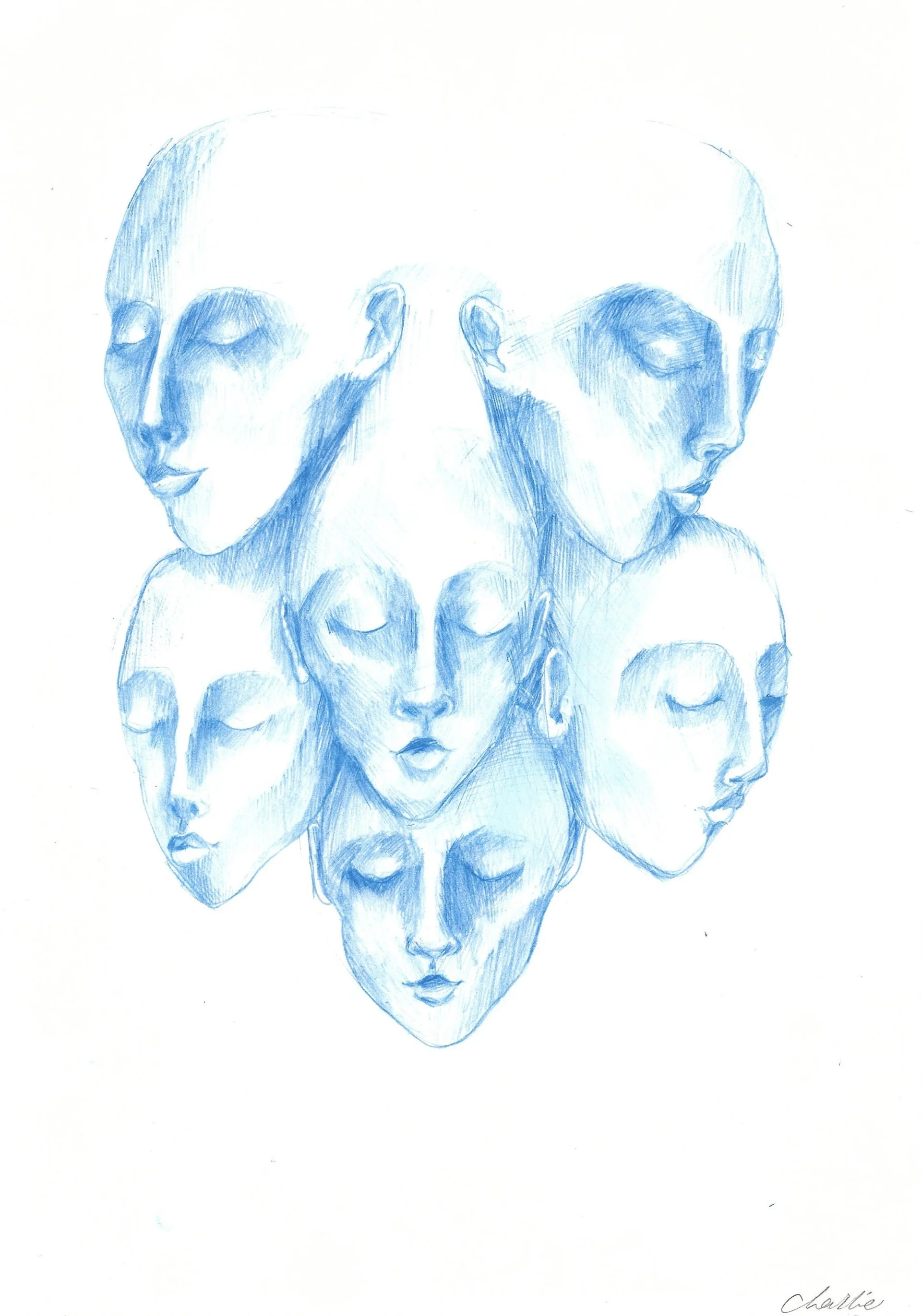 Blue pencil sketch of multiple female faces with closed eyes, arranged in a cluster, signed with the name 'Charlie'.