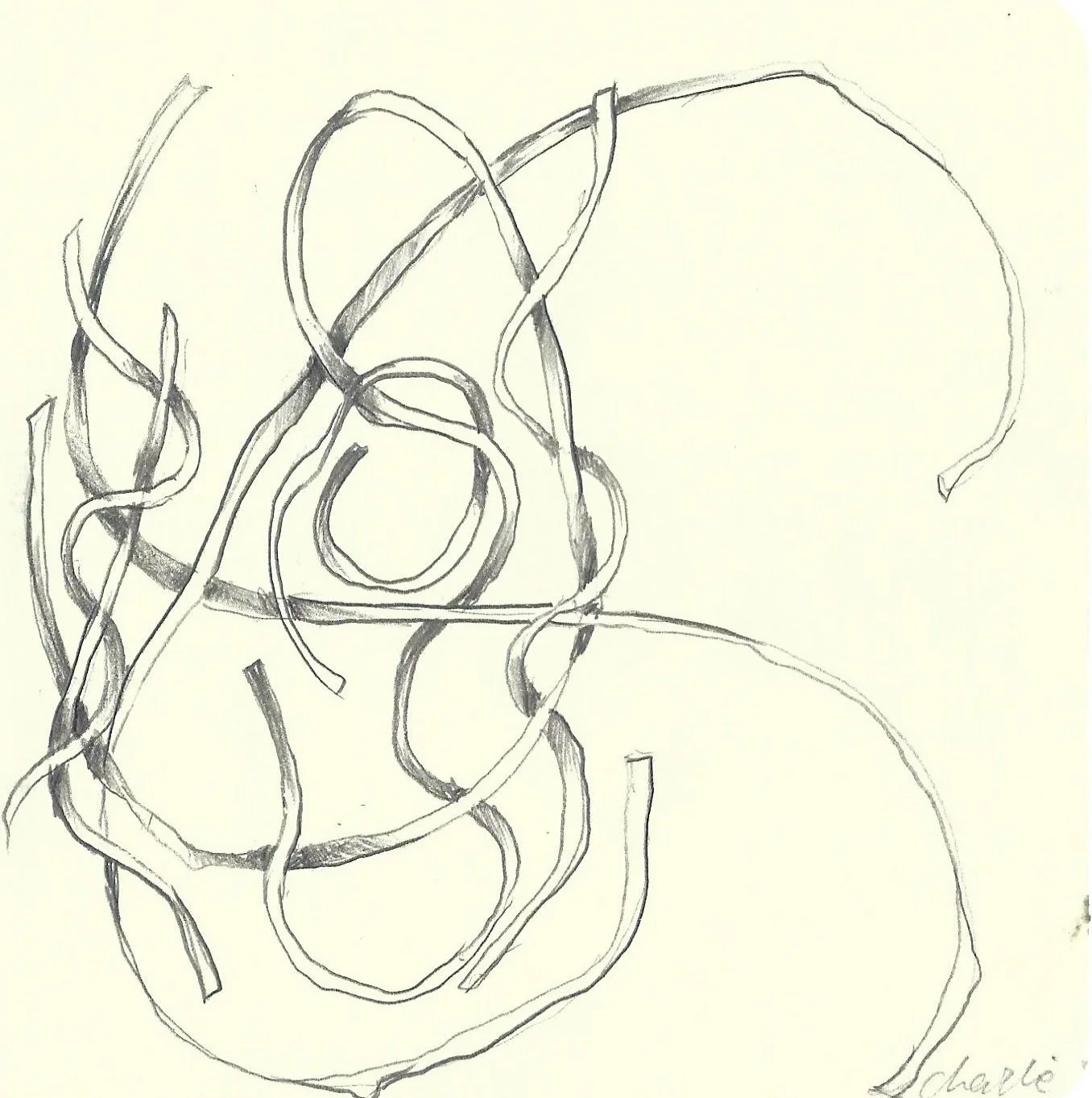 A pencil sketch of tangled, overlapping lines and loops on paper, with some lines darker and others lighter, creating an abstract design.