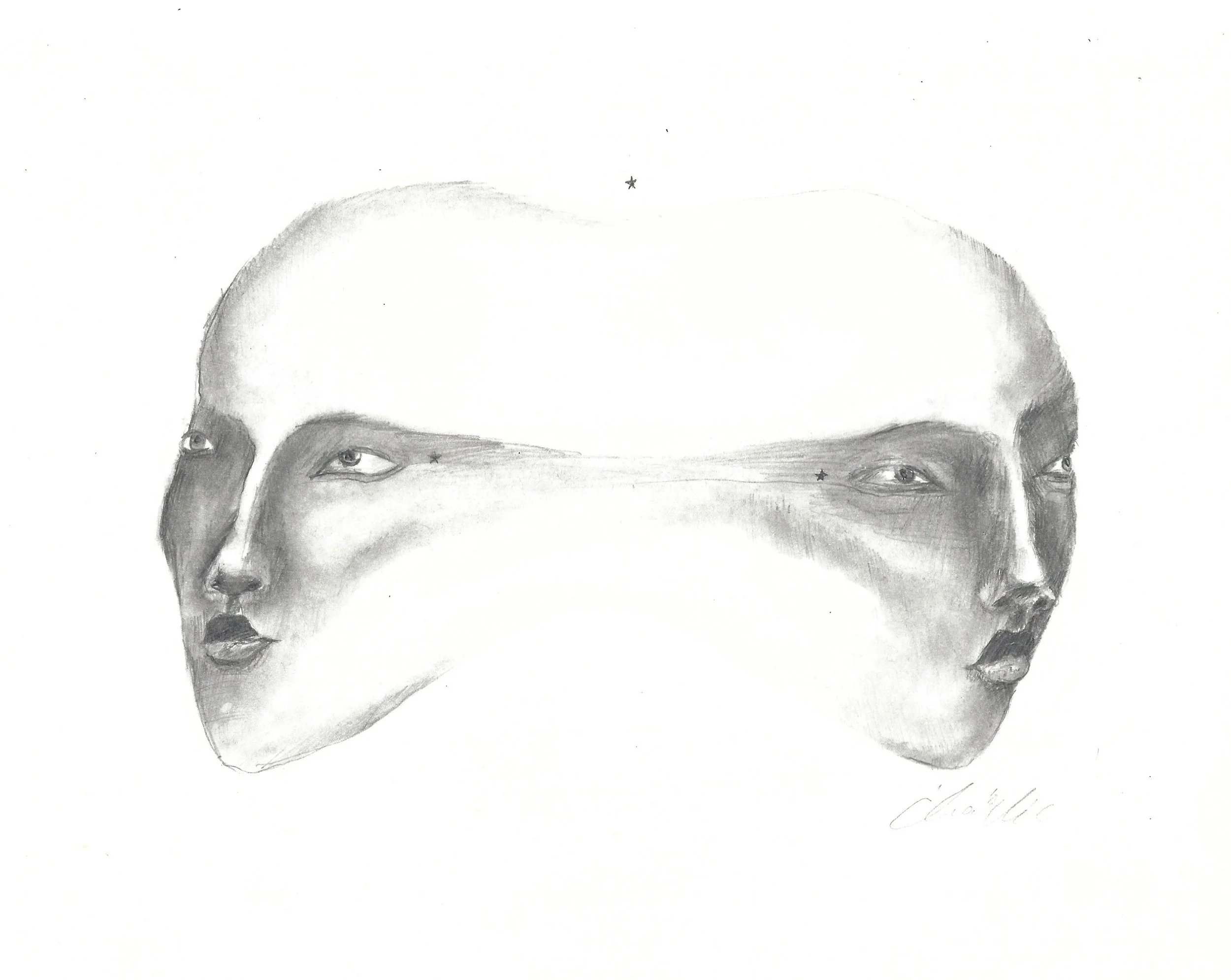 A pencil graphite sketch of a person's face, shown upside down, with detailed eyes, nose, lips, and hair, set against a plain background.