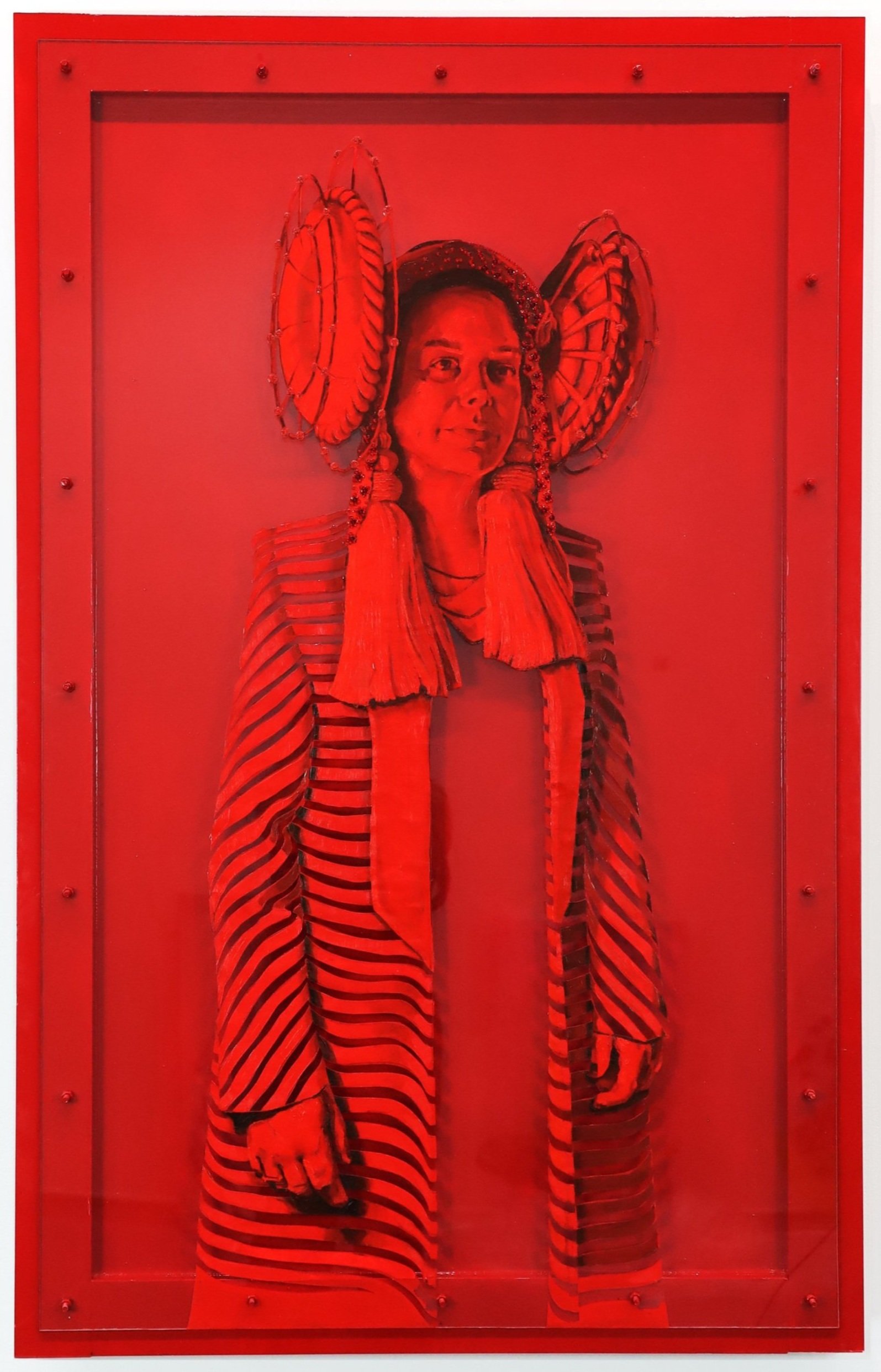'A journey with Red'
2024, Oil, Fabriano, Rhinestones, Glitter, Plexiglass, MDF, 120 x 78.5cm