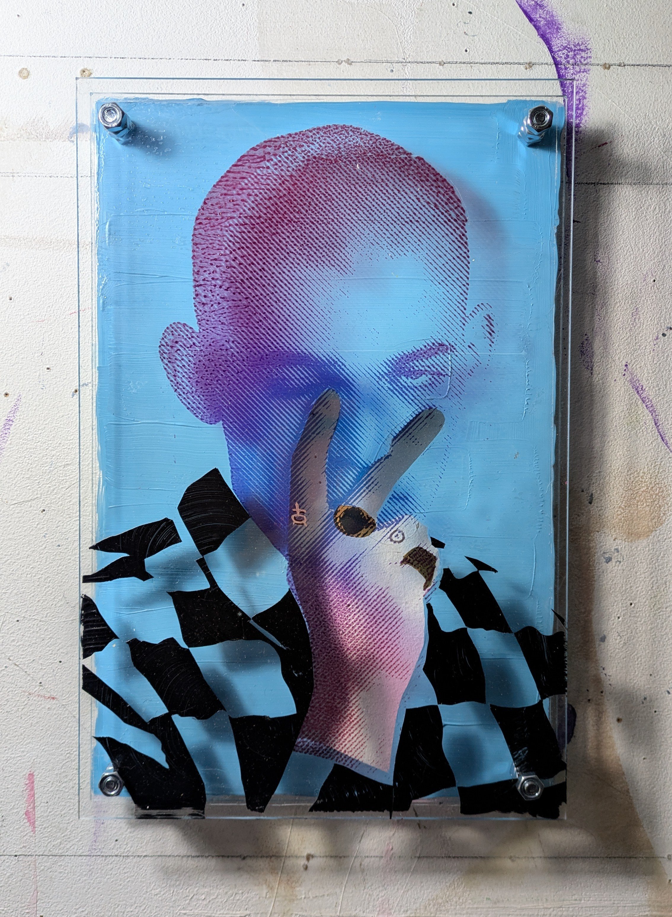 'A void in blue', 2024, Mixed media collage on plexiglass & MDF, 30 x 20cm