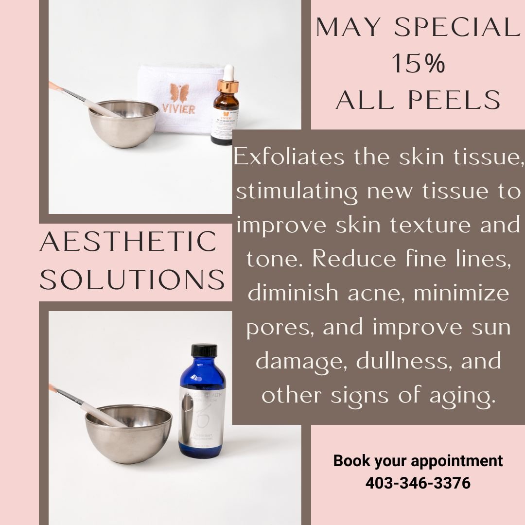 Month of May Aesthetic Treatment Special 15% off all Facial Peels! 
Call the clinic to book your appointment 403-346-3376 #AestheticClinic #reddeerab #aesthetic #supportlocalbusinesses #MedSpa #skintreatment #facialcare